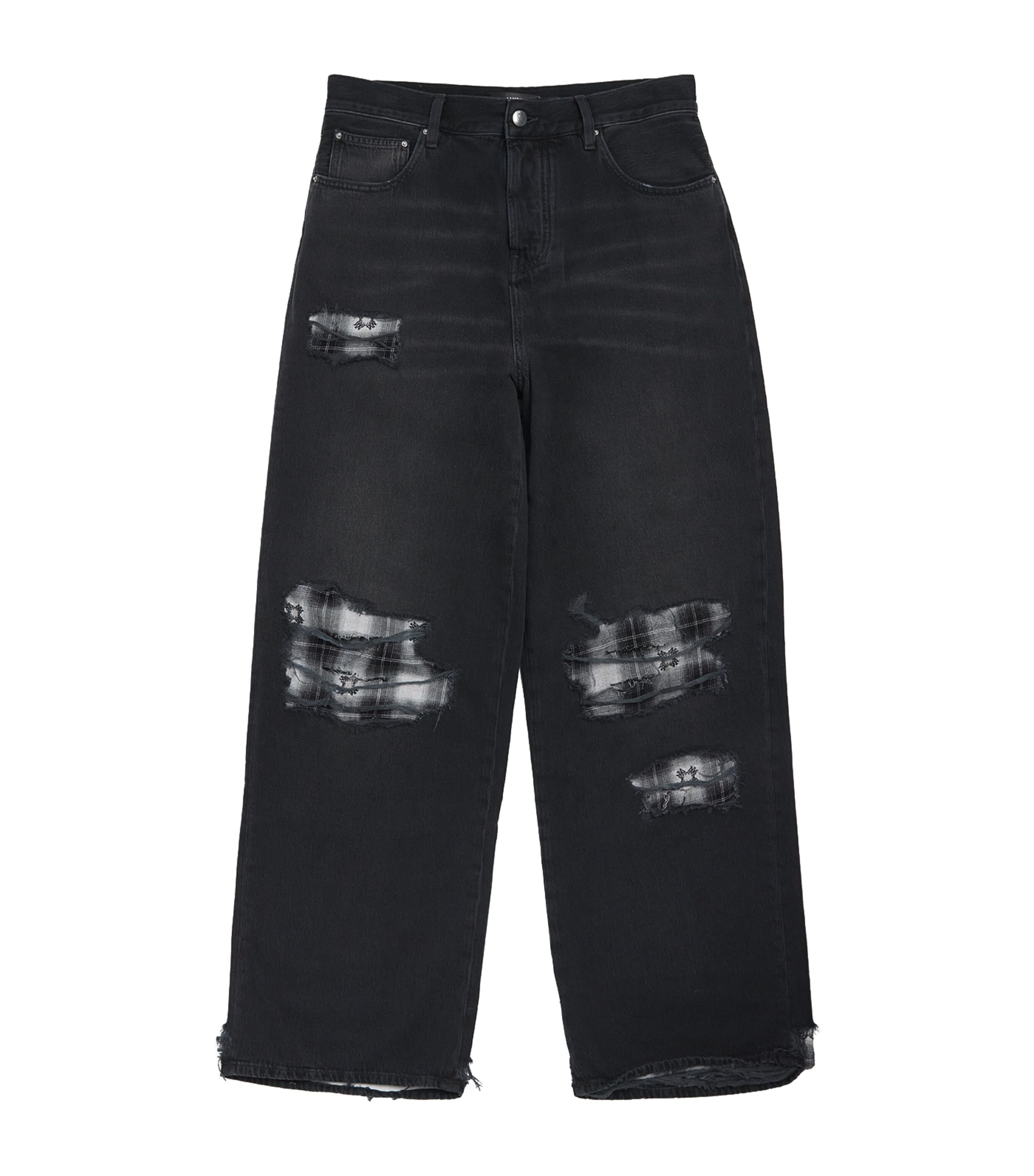 AMIRI Mens Flannel Repair Wide-Leg Jeans Steel Black Image 1