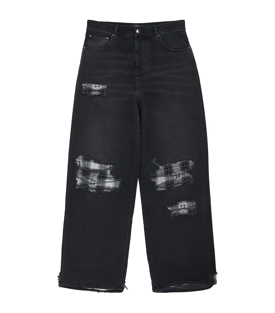 AMIRI Mens Flannel Repair Wide-Leg Jeans Steel Black Image 1