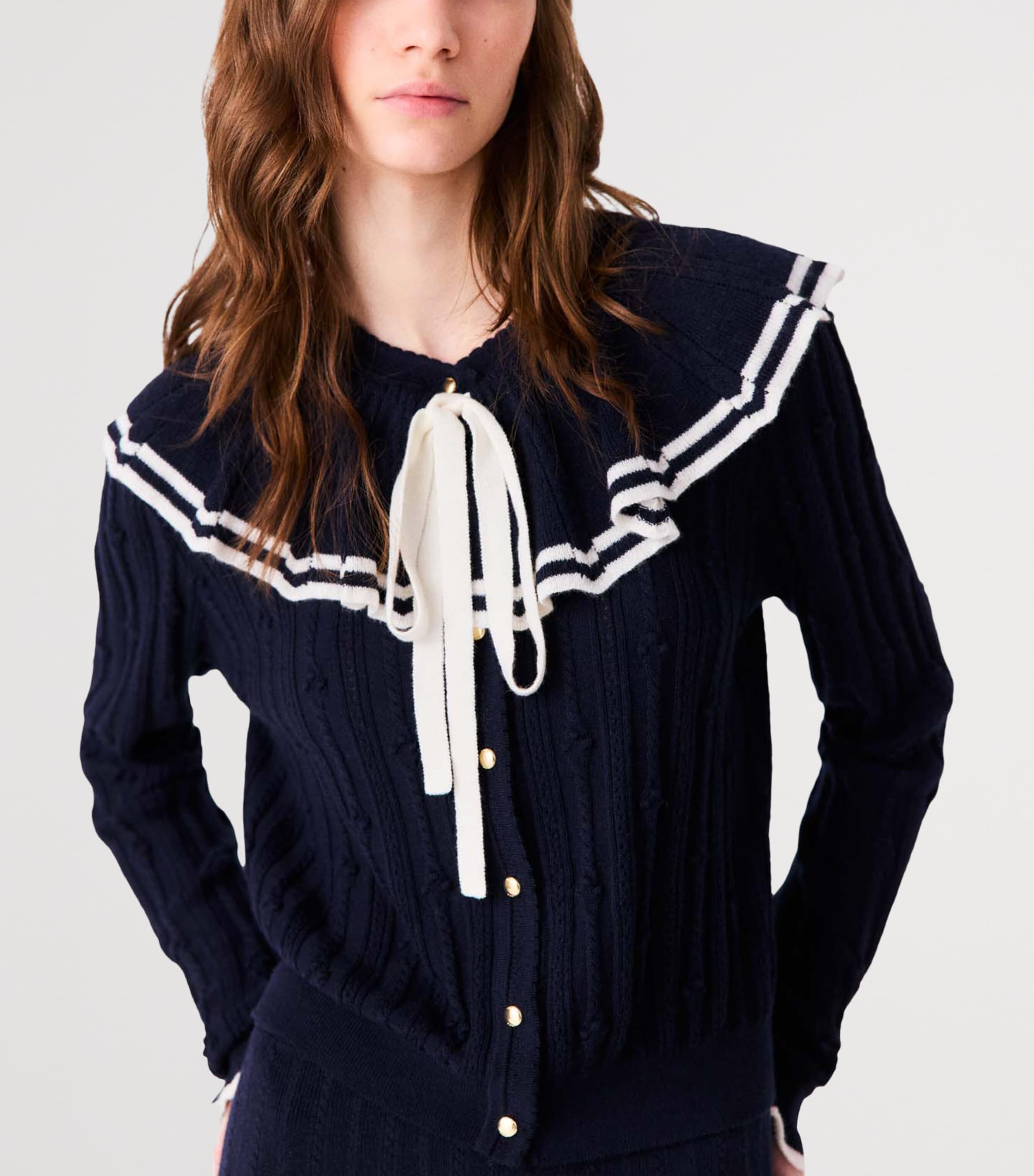 Maje Womens Knitted Ruffle-Collar Cardigan Navy Image 7