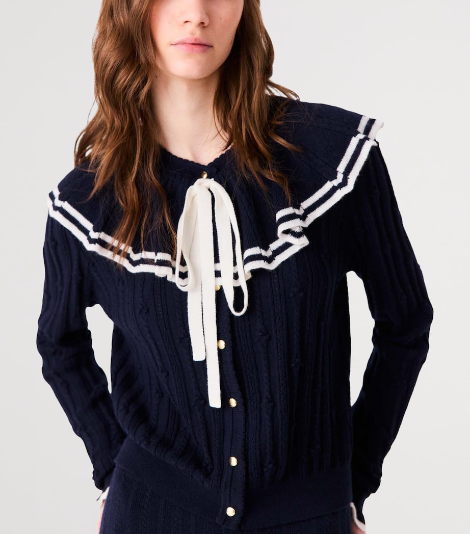 Maje Womens Knitted Ruffle-Collar Cardigan Navy Image 7
