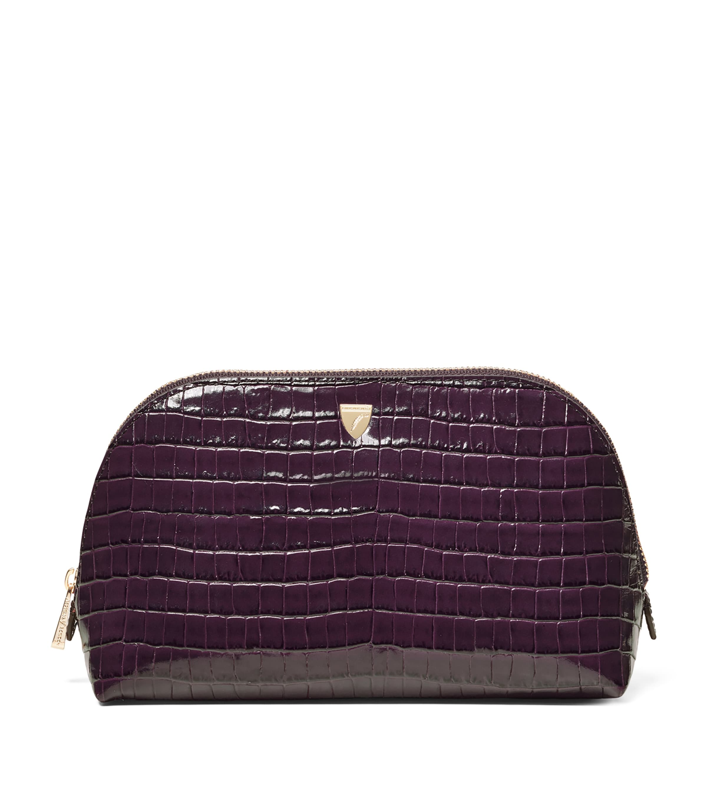 Aspinal Of London Small Leather Croc-embossed Cosmetic Case In Purple