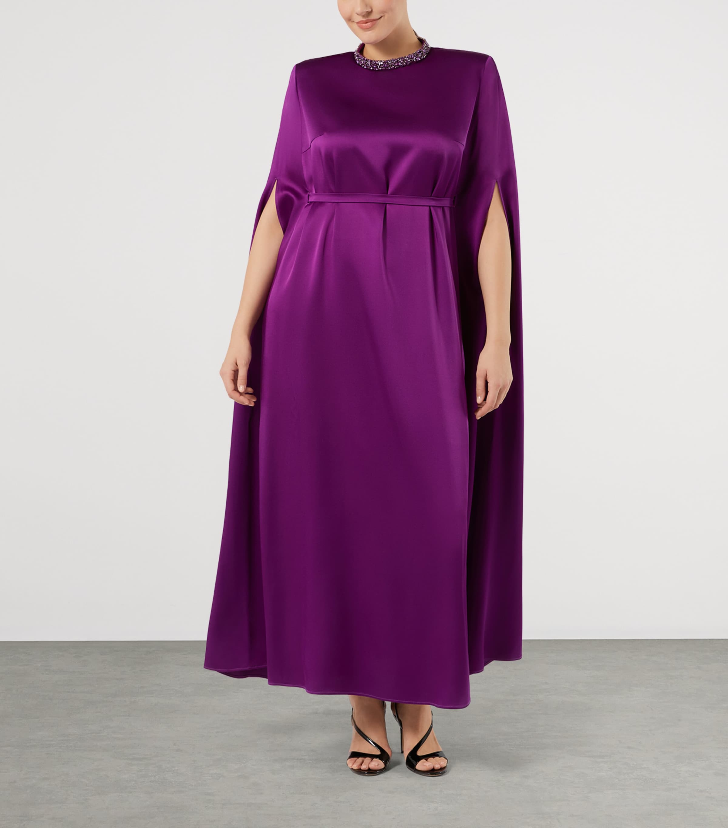 Marina Rinaldi Womens Satin Embellished Maxi Cape Dress Fuxia Viola Image 2