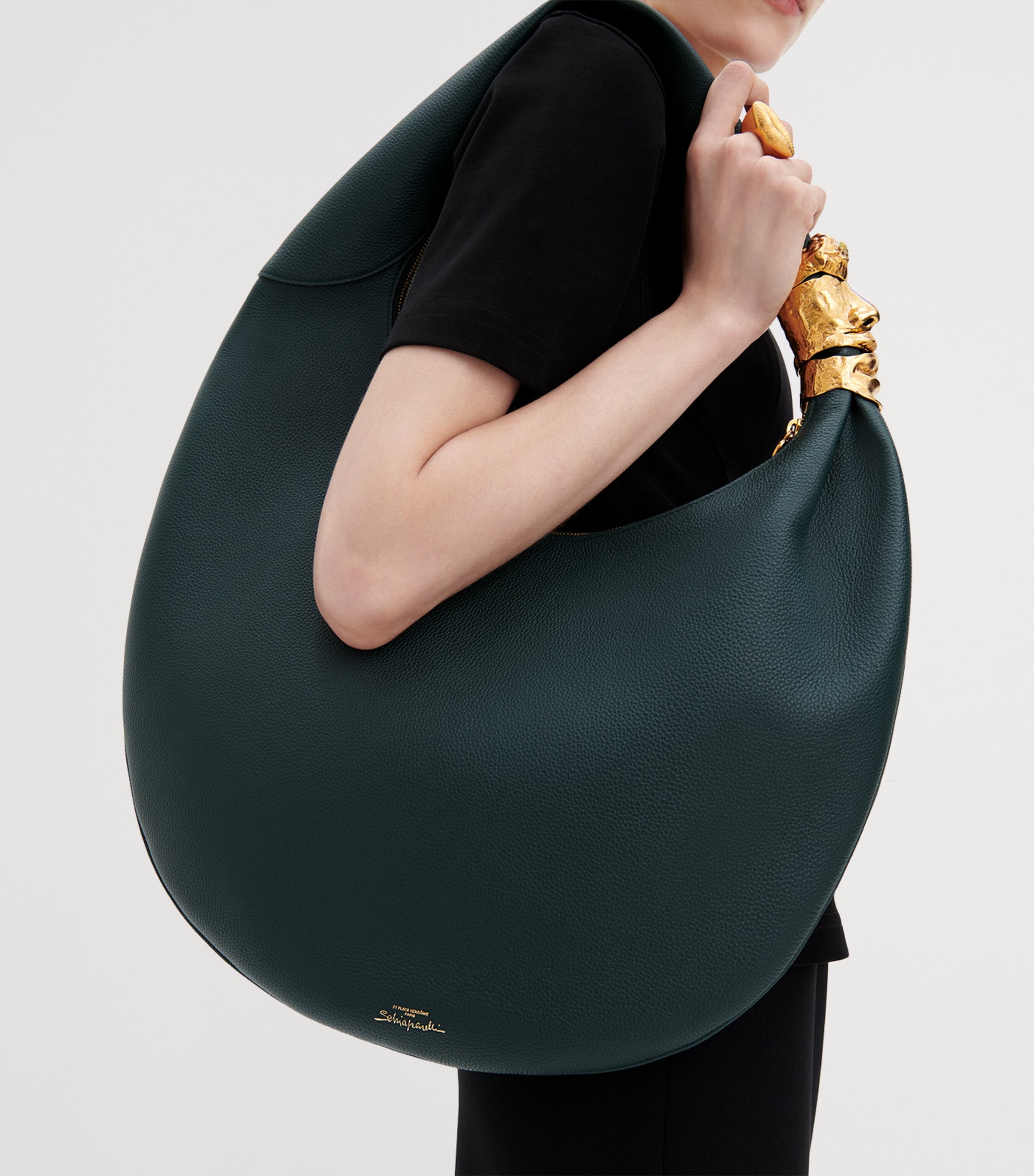 Schiaparelli Large Leather Soufflé Shoulder Bag Dark Green Image 6