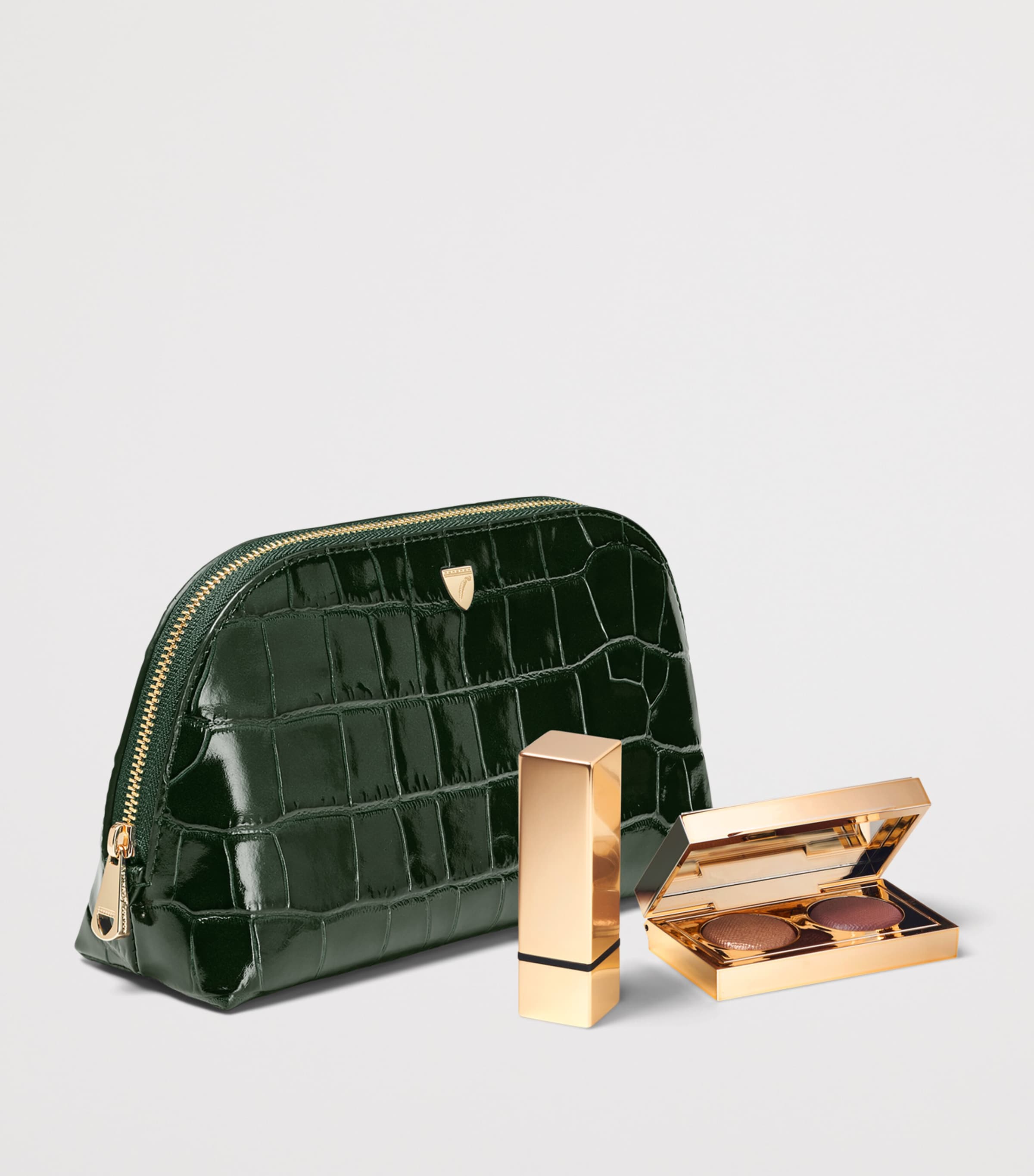 Aspinal Of London Small Leather Croc-Embossed Cosmetic Case Evergreen Image 3