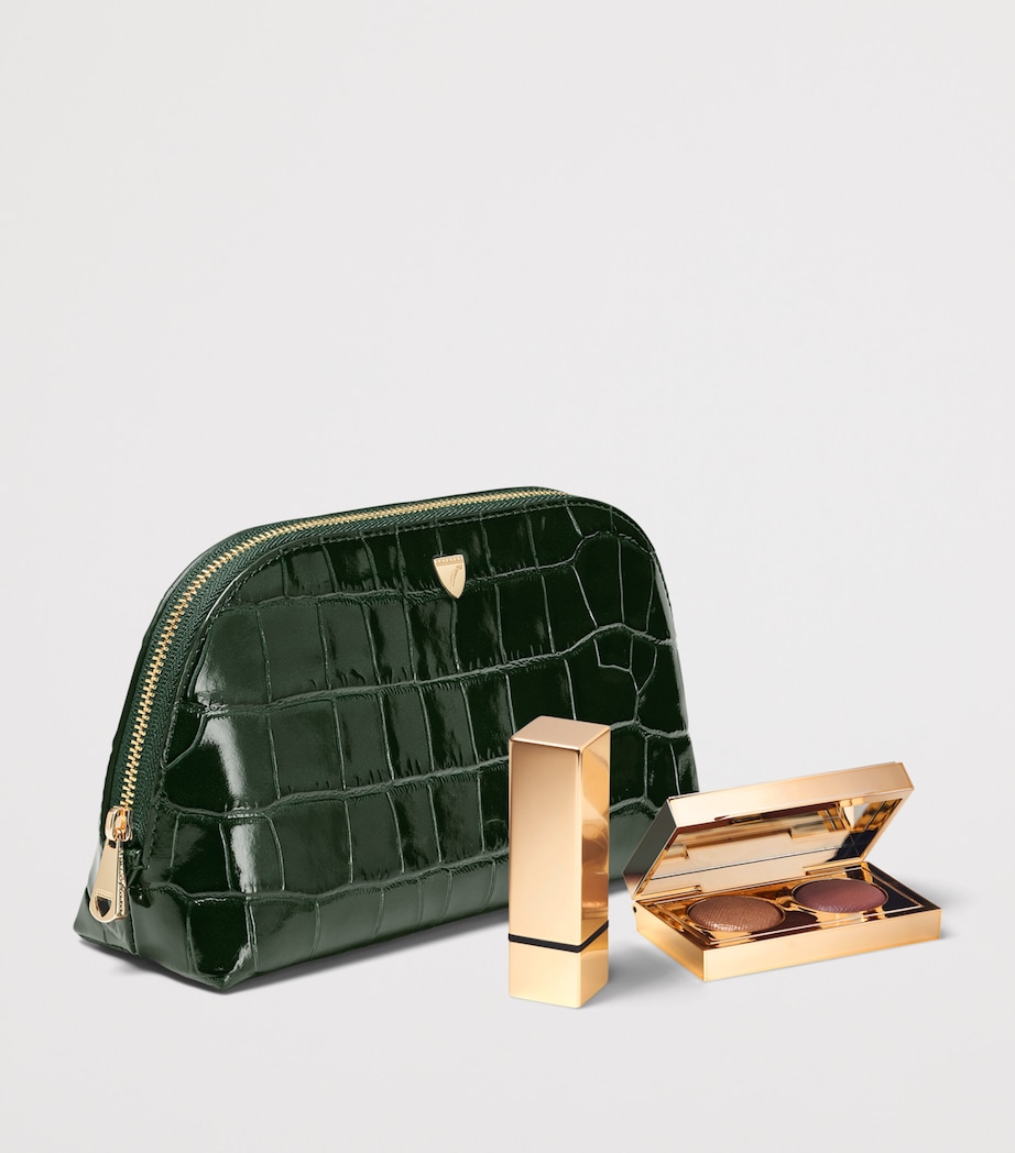 Aspinal Of London Small Leather Croc-Embossed Cosmetic Case Evergreen Image 3