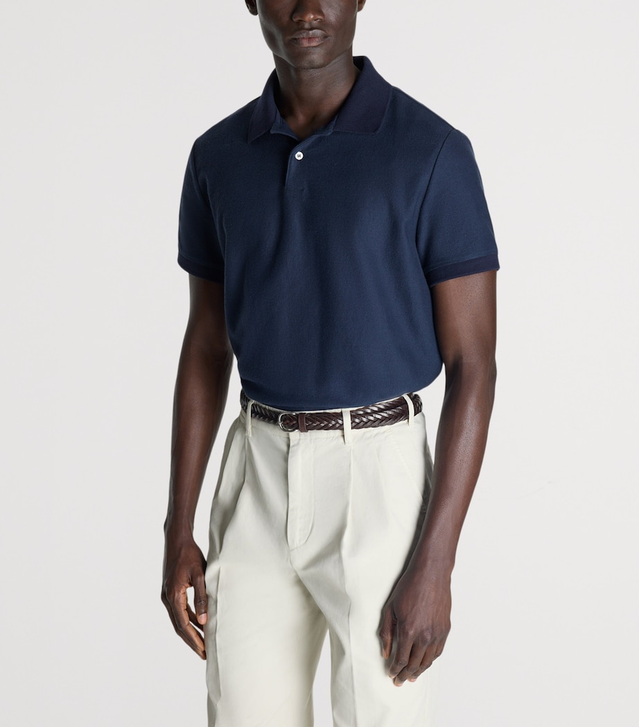Dunhill Mens Cotton Herringbone Polo Shirt Navy Image 3