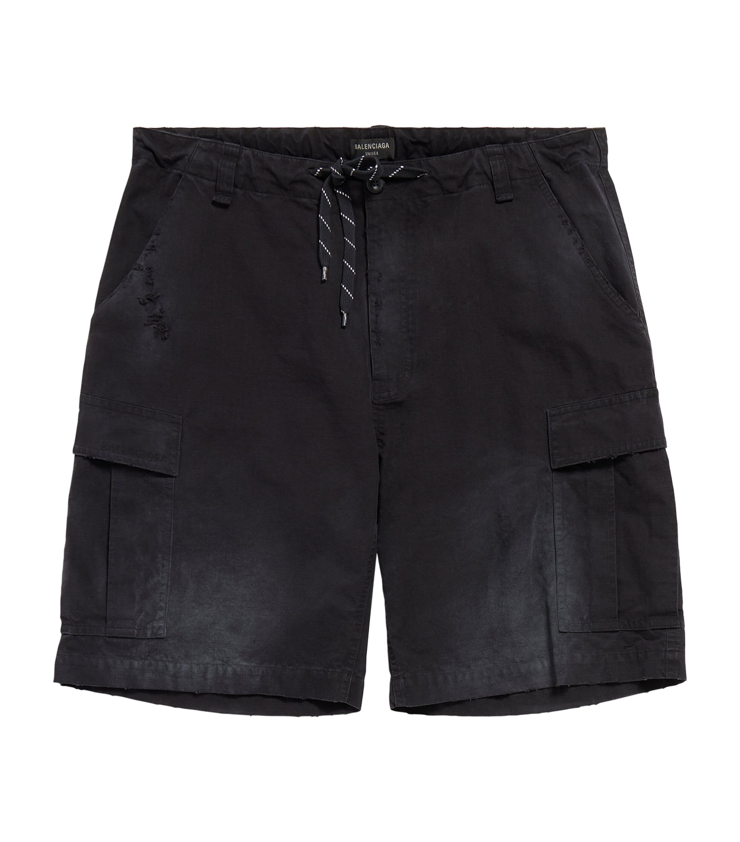 Balenciaga Wide-leg Distressed Cotton-ripstop Drawstring Cargo Shorts In Black