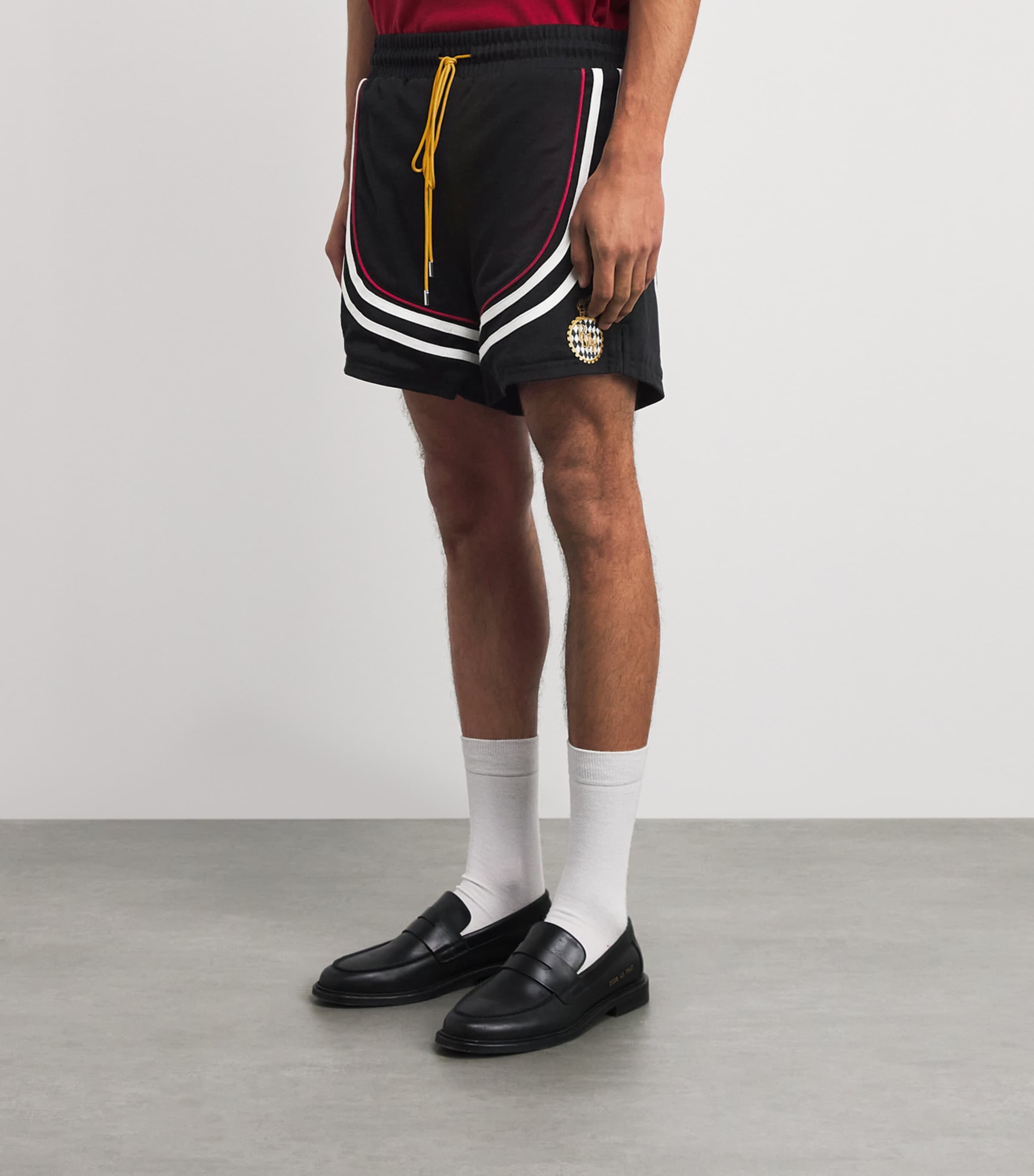 Rhude Mens Cotton Lago Veille Soccer Shorts Blk/wht/red Image 4