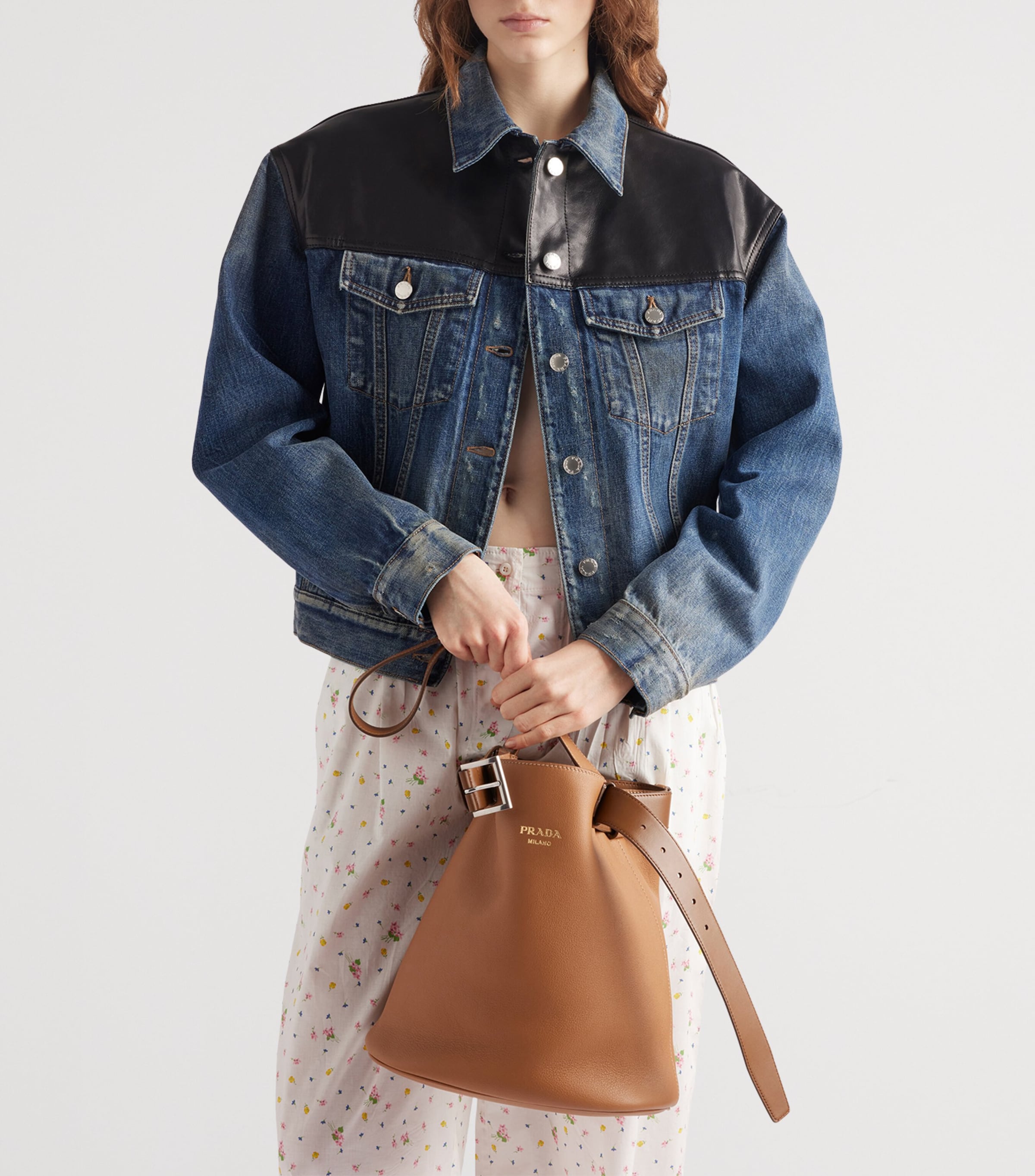 Leather-Trim Denim Jacket F0008 Image 3