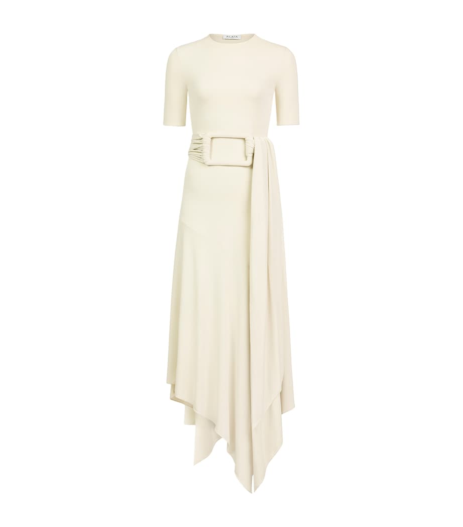 Alaïa Womens Satin Belted Midi Dress Creamy White Image 1