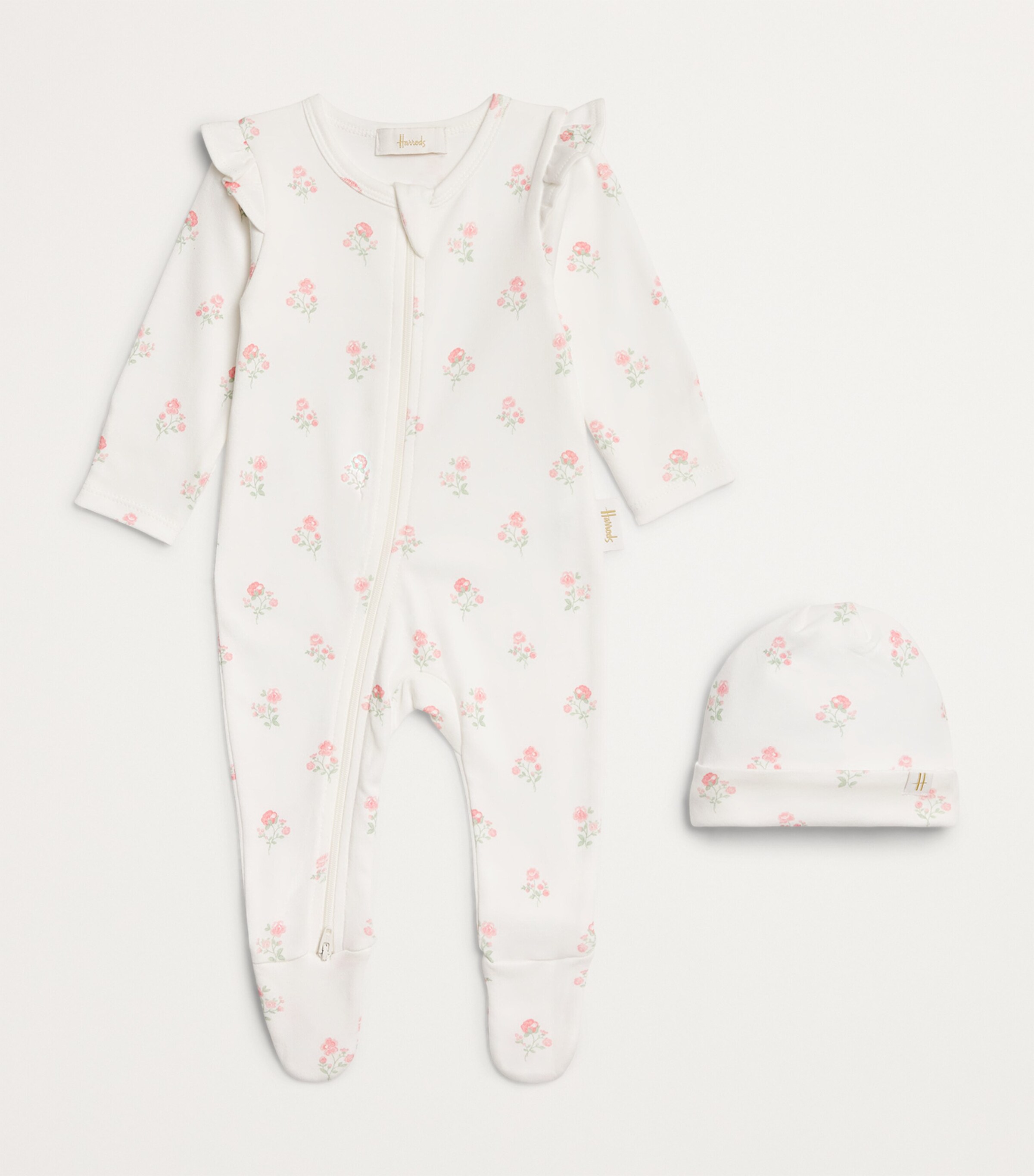 Harrods Organic Cotton Floral All-In-One and Hat Hamper Pink Image 2
