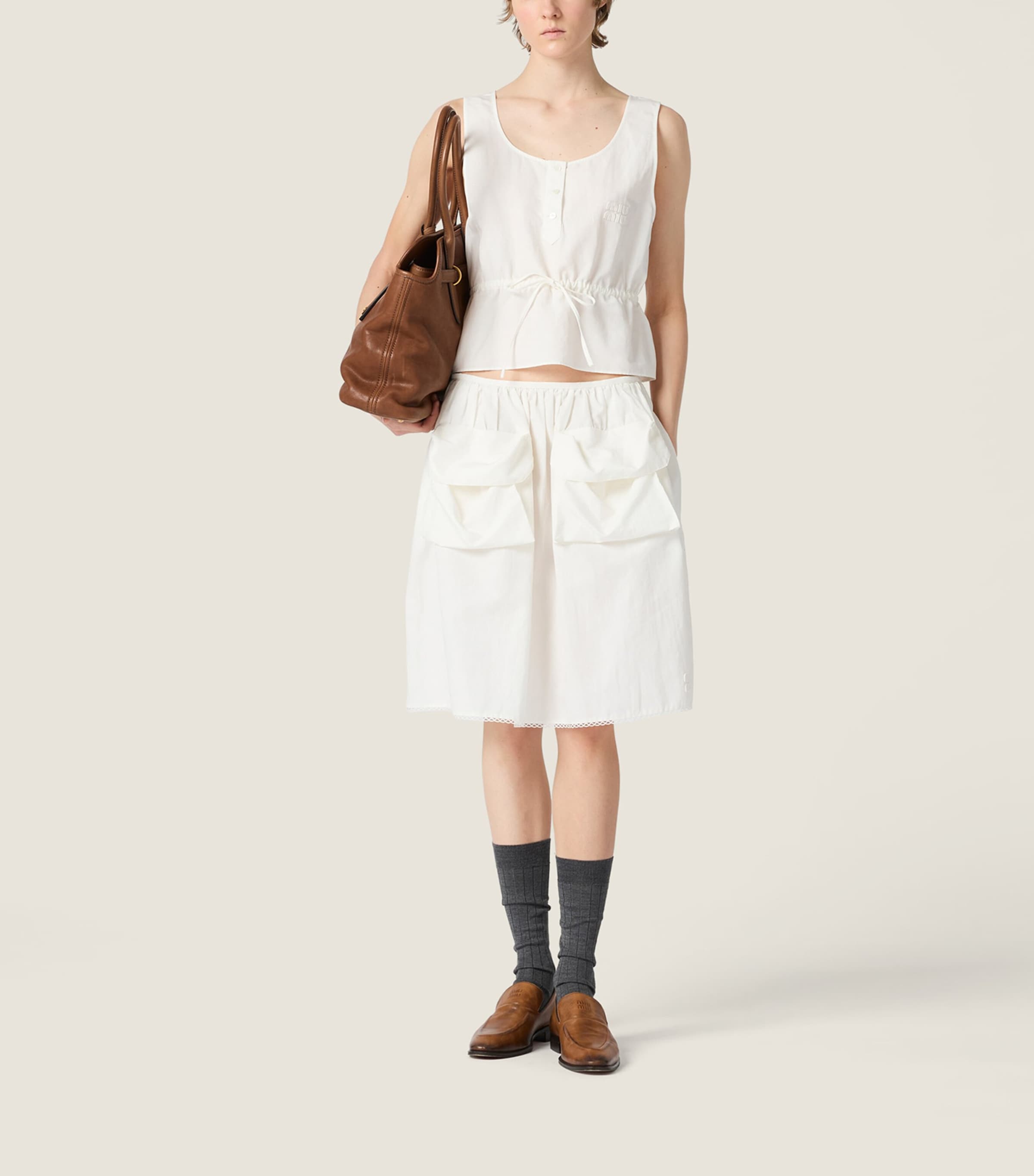 Miu Miu Womens Cotton-Linen Slubbed Midi Skirt White Image 2