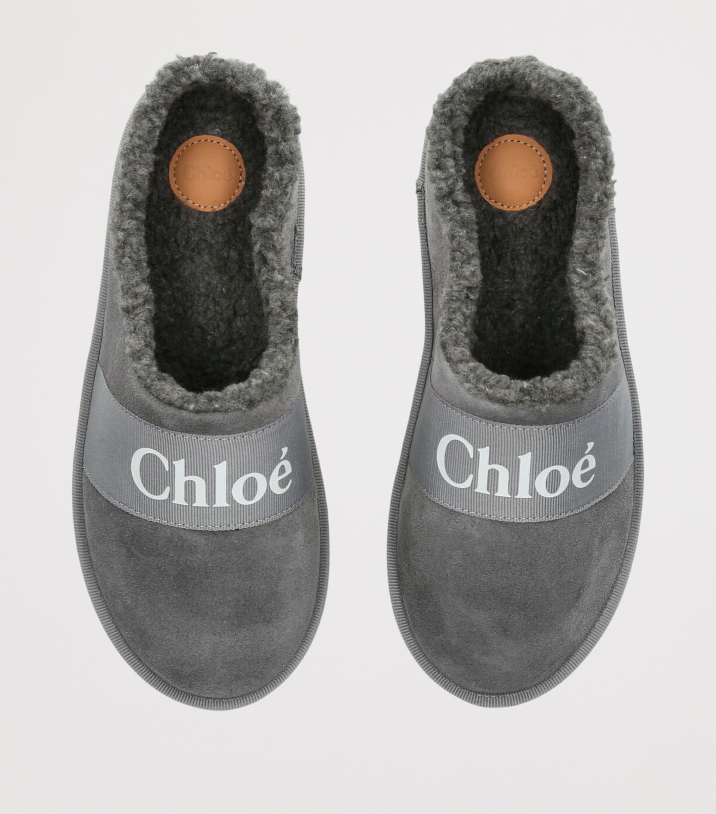Chloé Kids Suede Shearling-Lined Slipper Grey Image 4