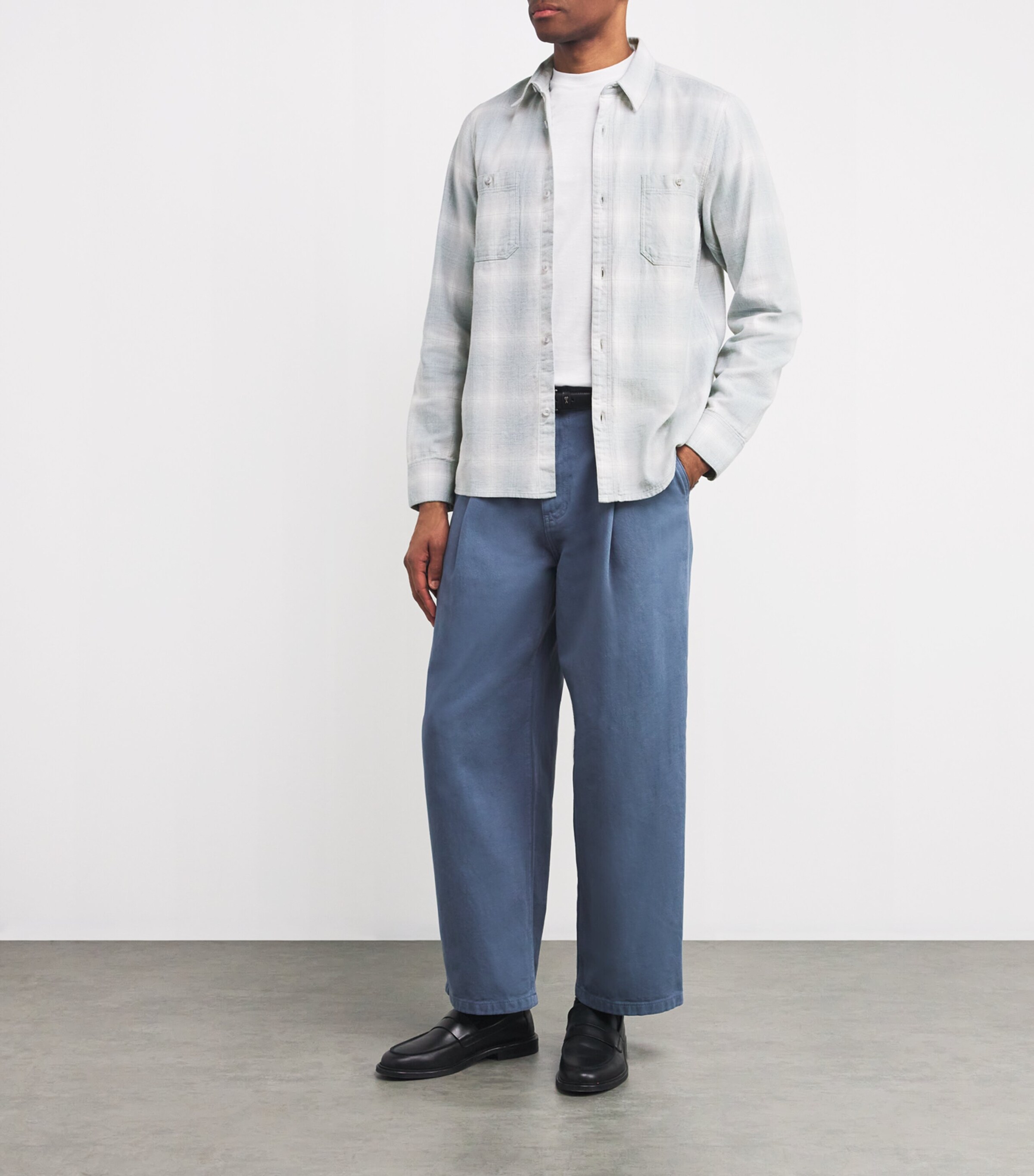 Officine Generale Mens Cotton Check Shirt Lightgrey/white/blue Image 2