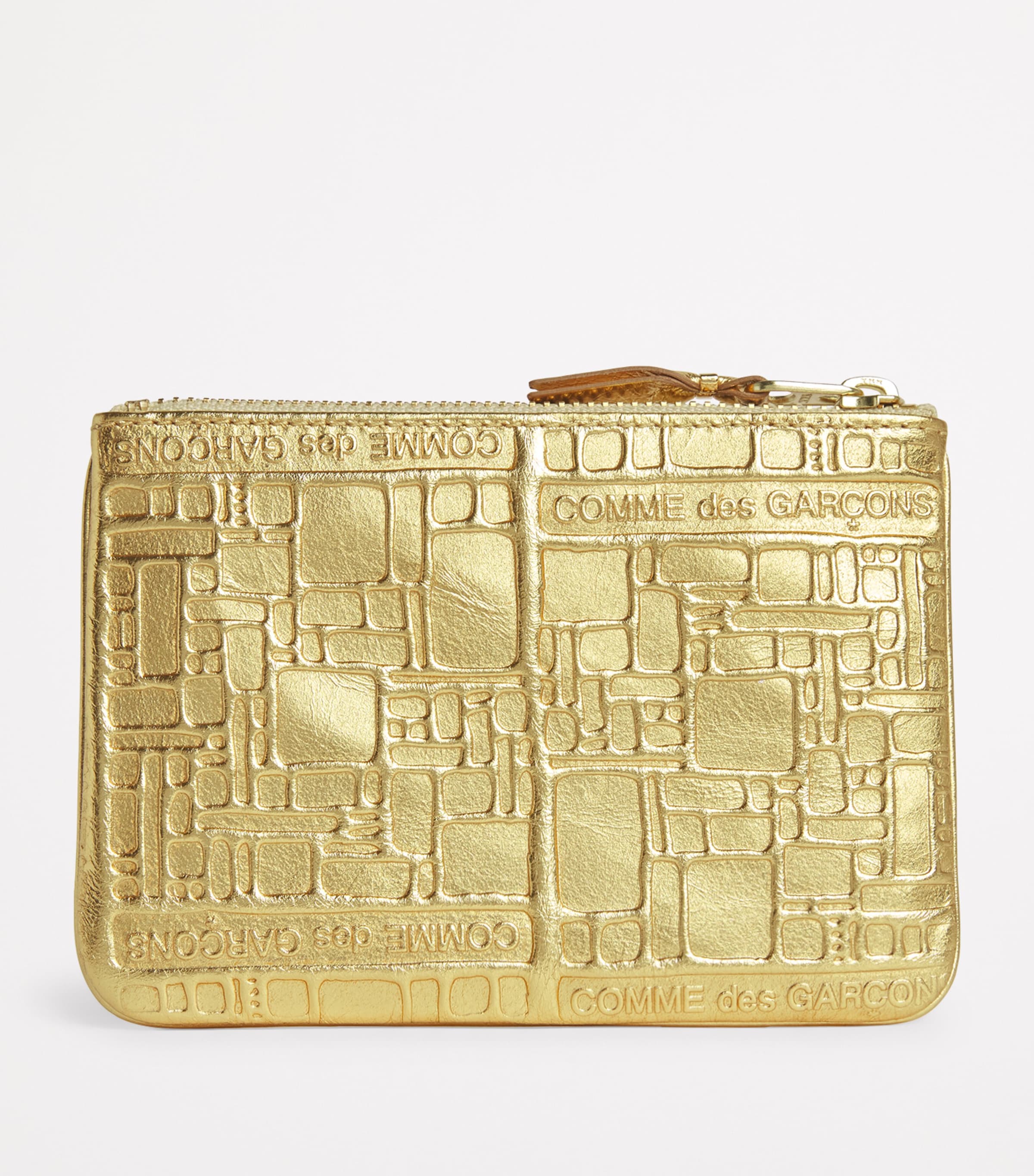 Comme Des Garçons Wallet Leather Embossed Logo Zipped Pouch Gold Image 2