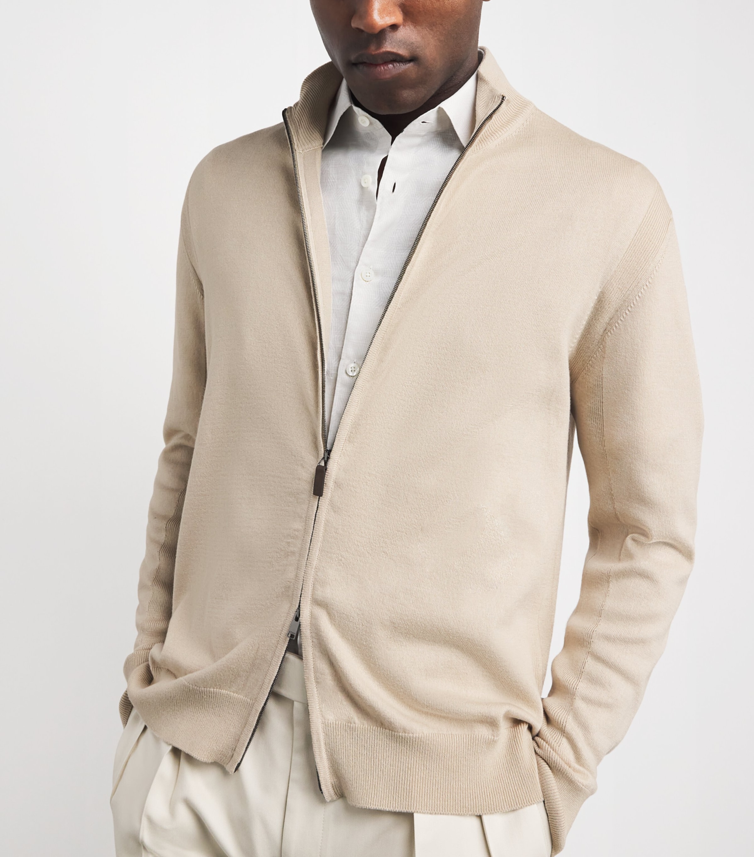 Eton Mens Cotton Zip Cardigan Beige Cott Image 3