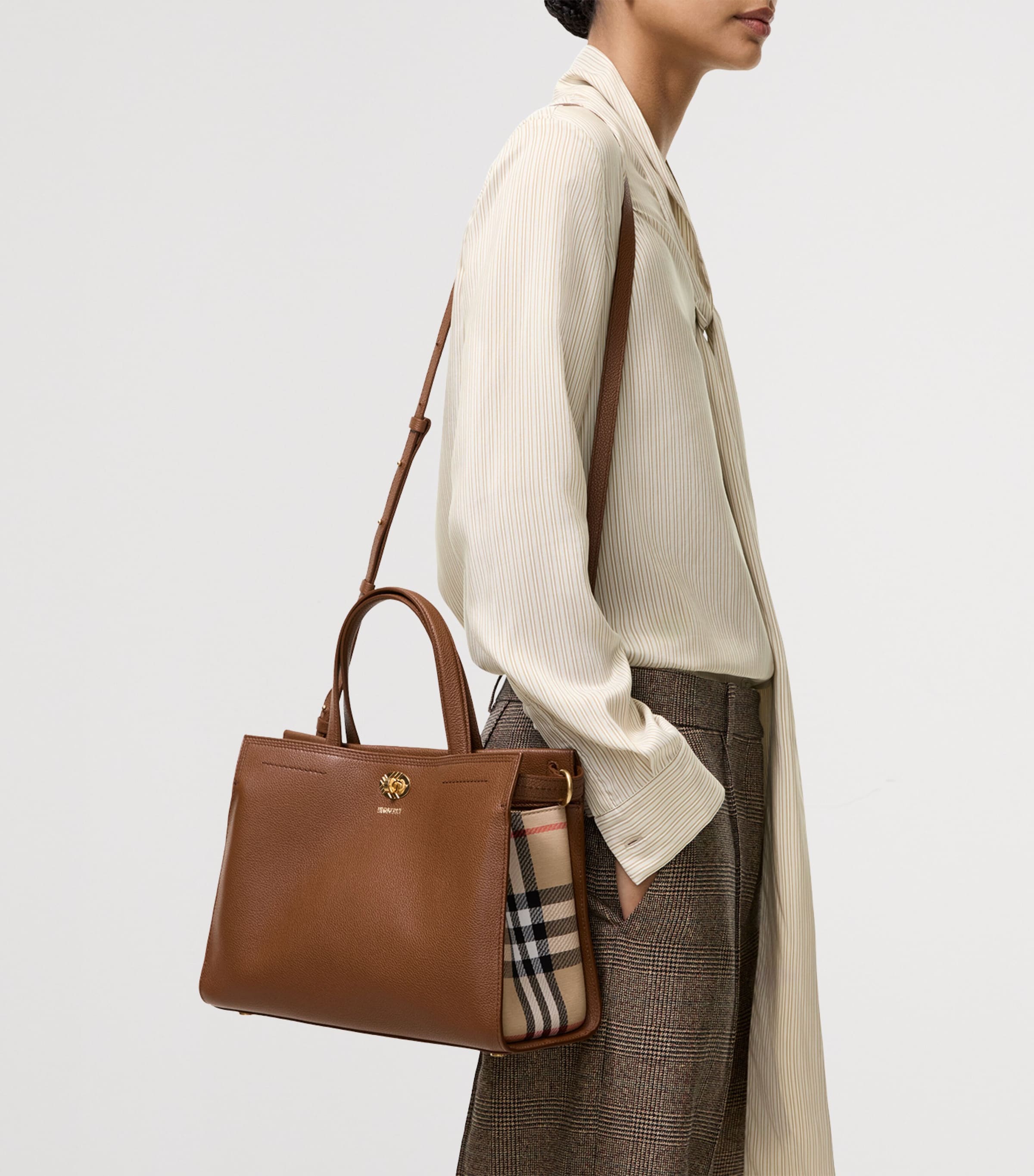 Burberry Womens Small Leather Cotswolds Check Tote Bag Hazel Image 2