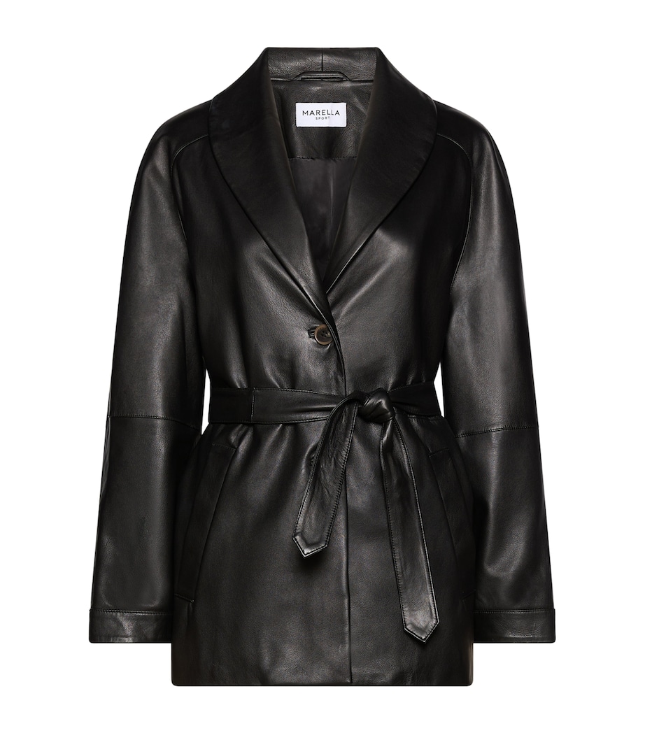 Marella Womens Longline Belted Leather Jacket Black Image 1