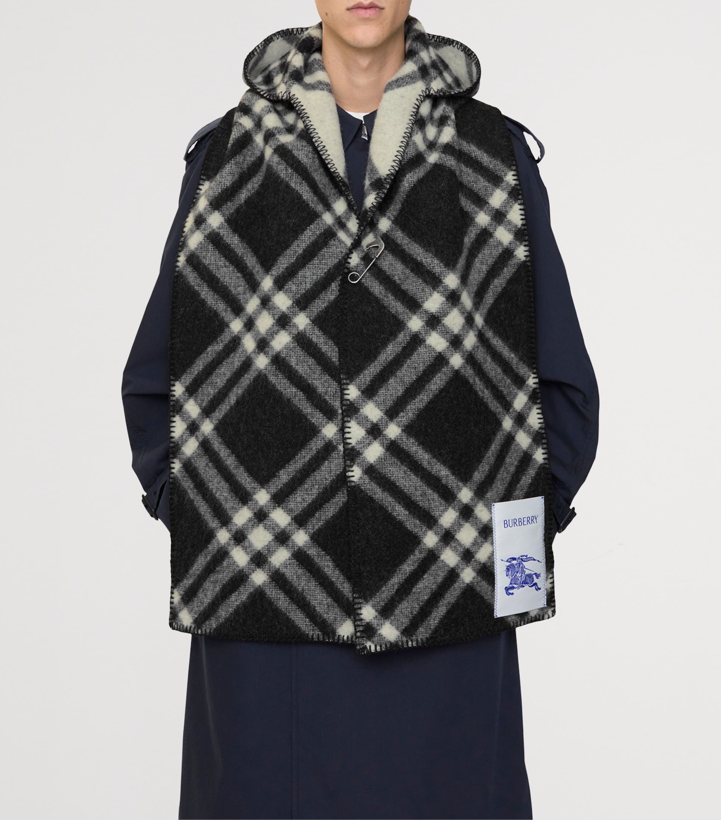 Wool Check Hooded Scarf BLACK Image 4