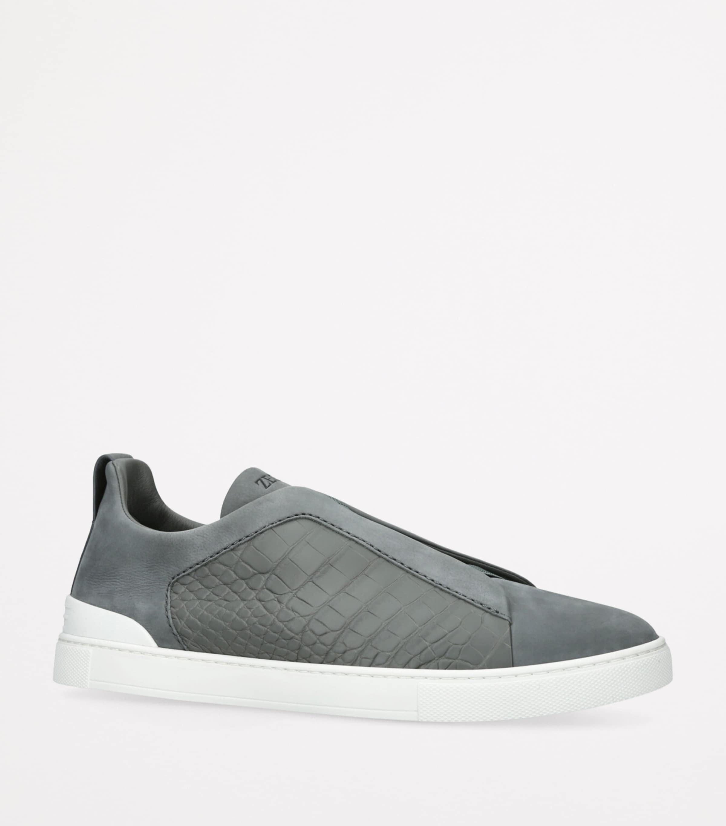 Zegna Grey Crocodile Leather Triple Stitch SECONDSKIN Sneakers