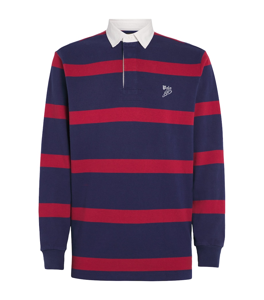 Cotton Striped Polo Shirt RED Image 1