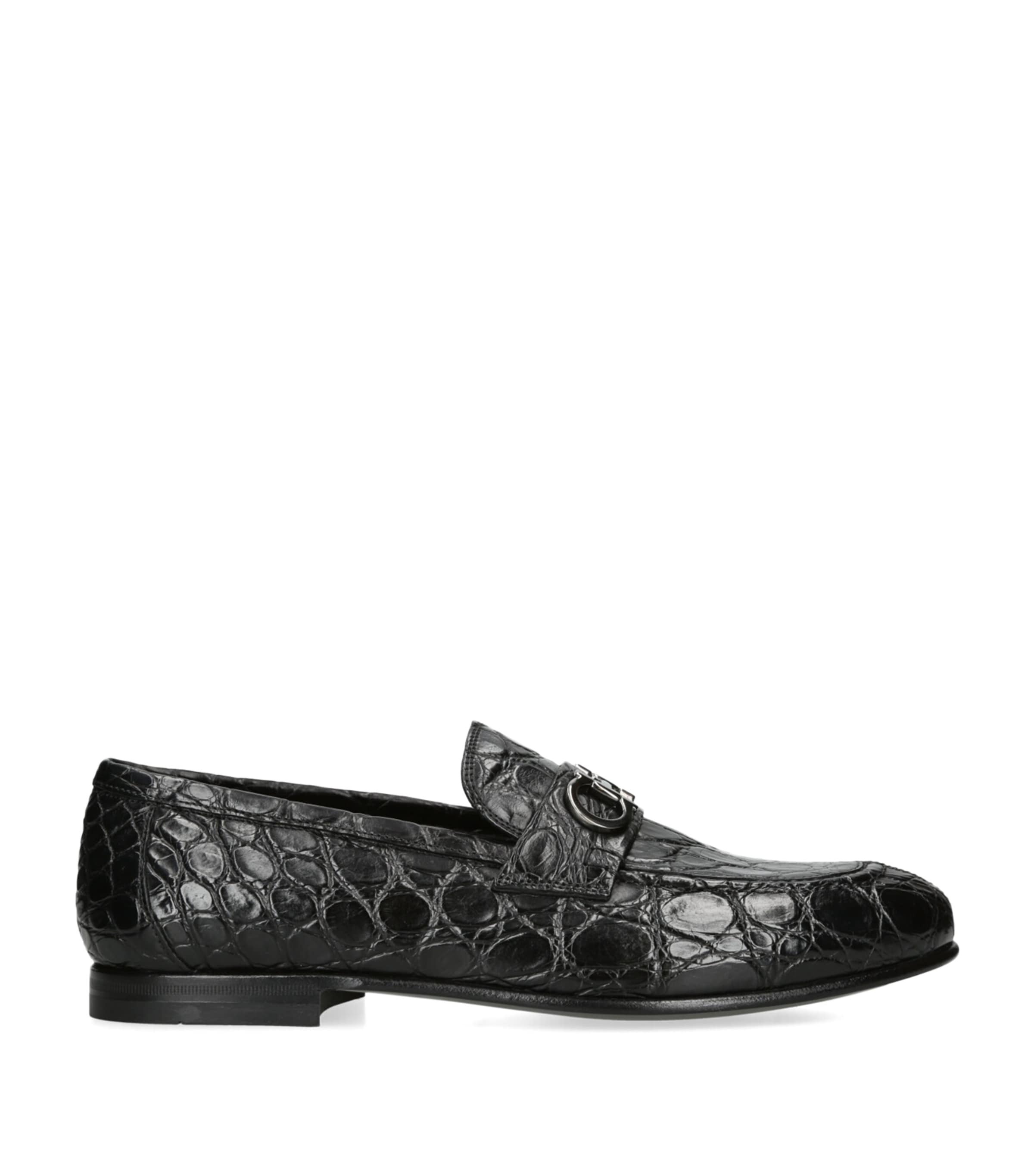 Ferragamo Crocodile Leather Gin Luxe Loafers In Black