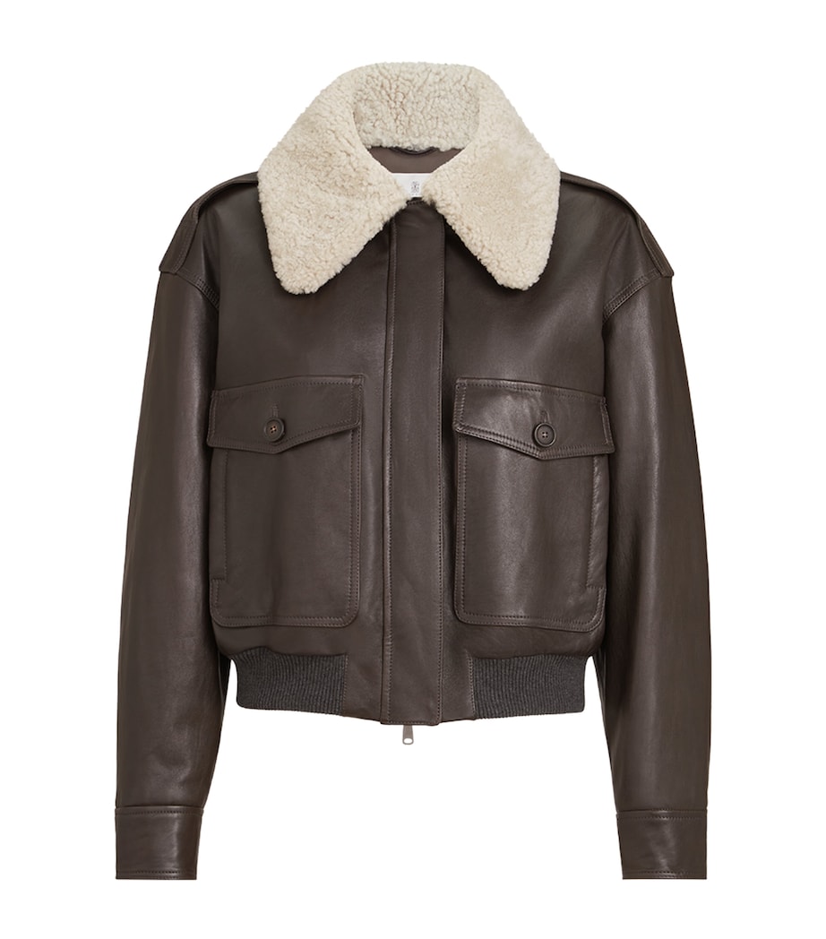 Brunello Cucinelli Womens Nappa Leather Shearling Collar Aviator Jacket Coffee Image 1