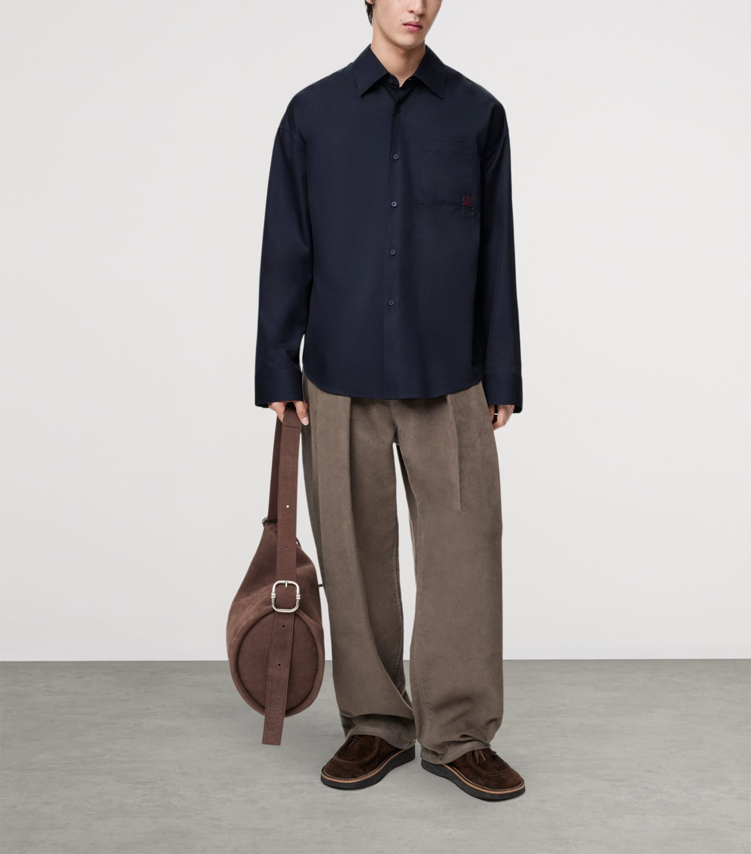 Cotton-Blend Long-Sleeve Anagram Shirt DARK NAVY BLUE Image 2