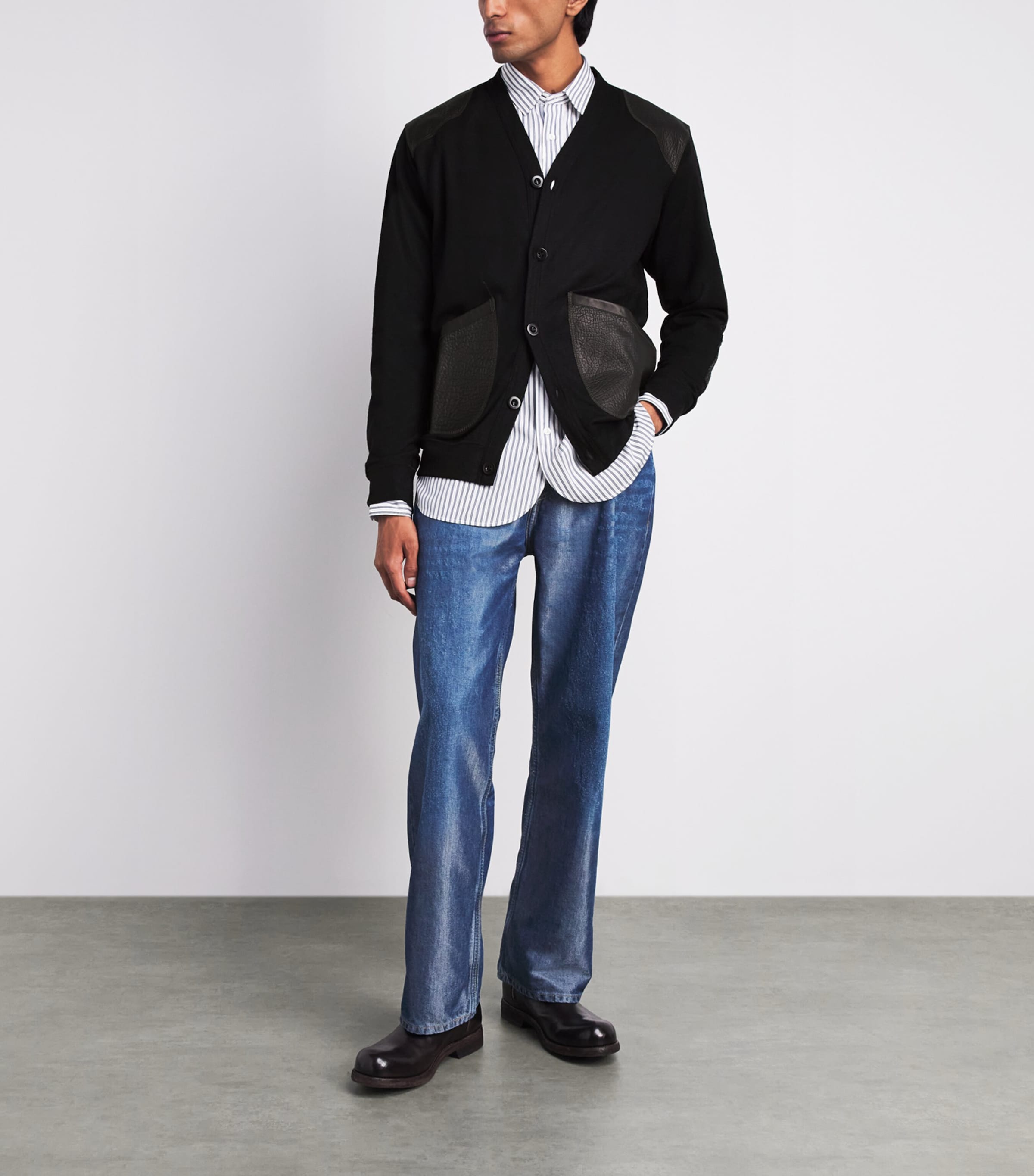 Junya Watanabe MAN Mens Wool Leather-Patch Cardigan Black X Black Image 2