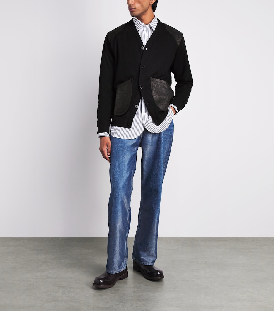 Junya Watanabe MAN Mens Wool Leather-Patch Cardigan Black X Black Image 2