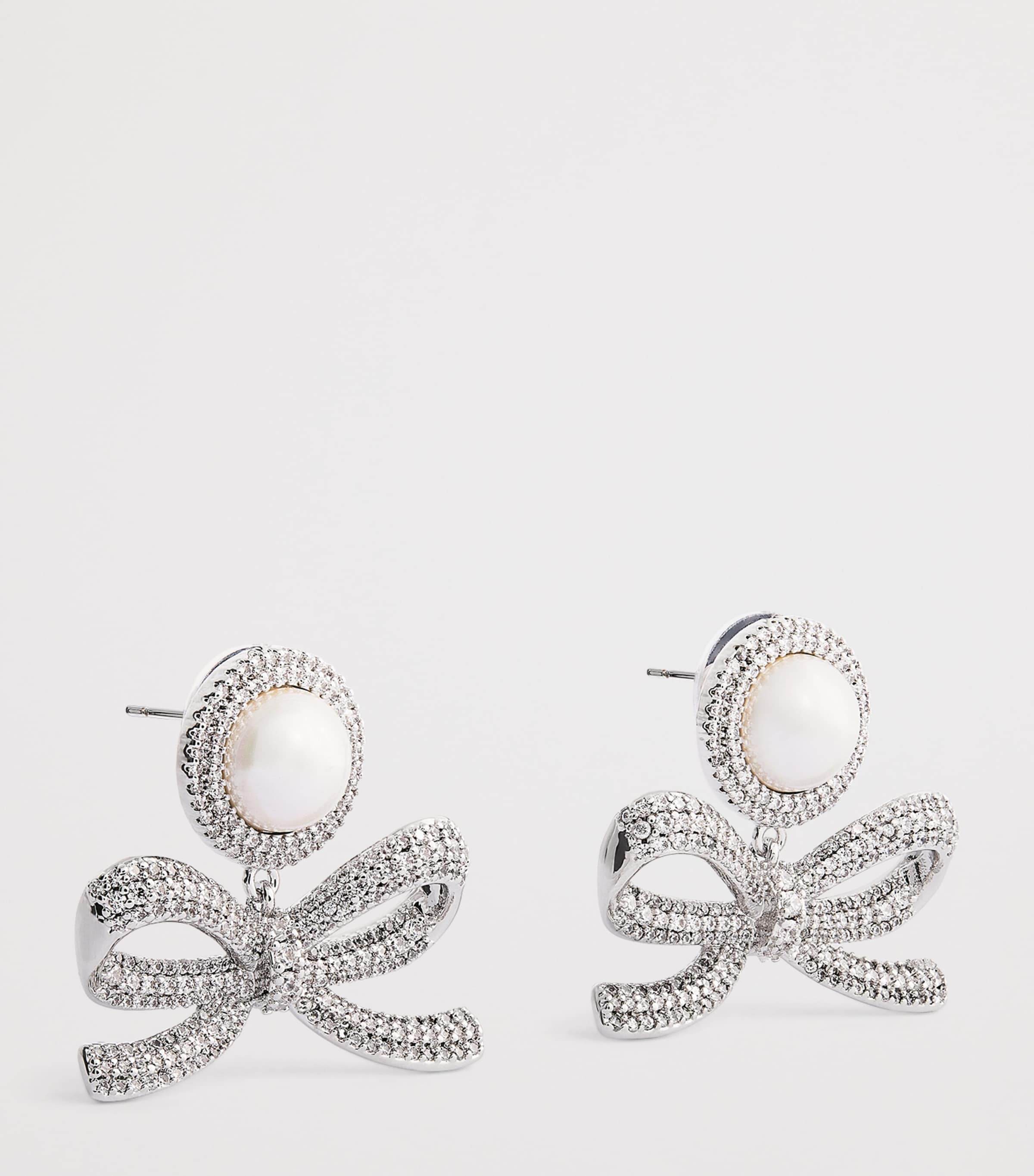 Self-Portrait Crystal-Faux Pearl Bow Drop Earrings Silver Image 3