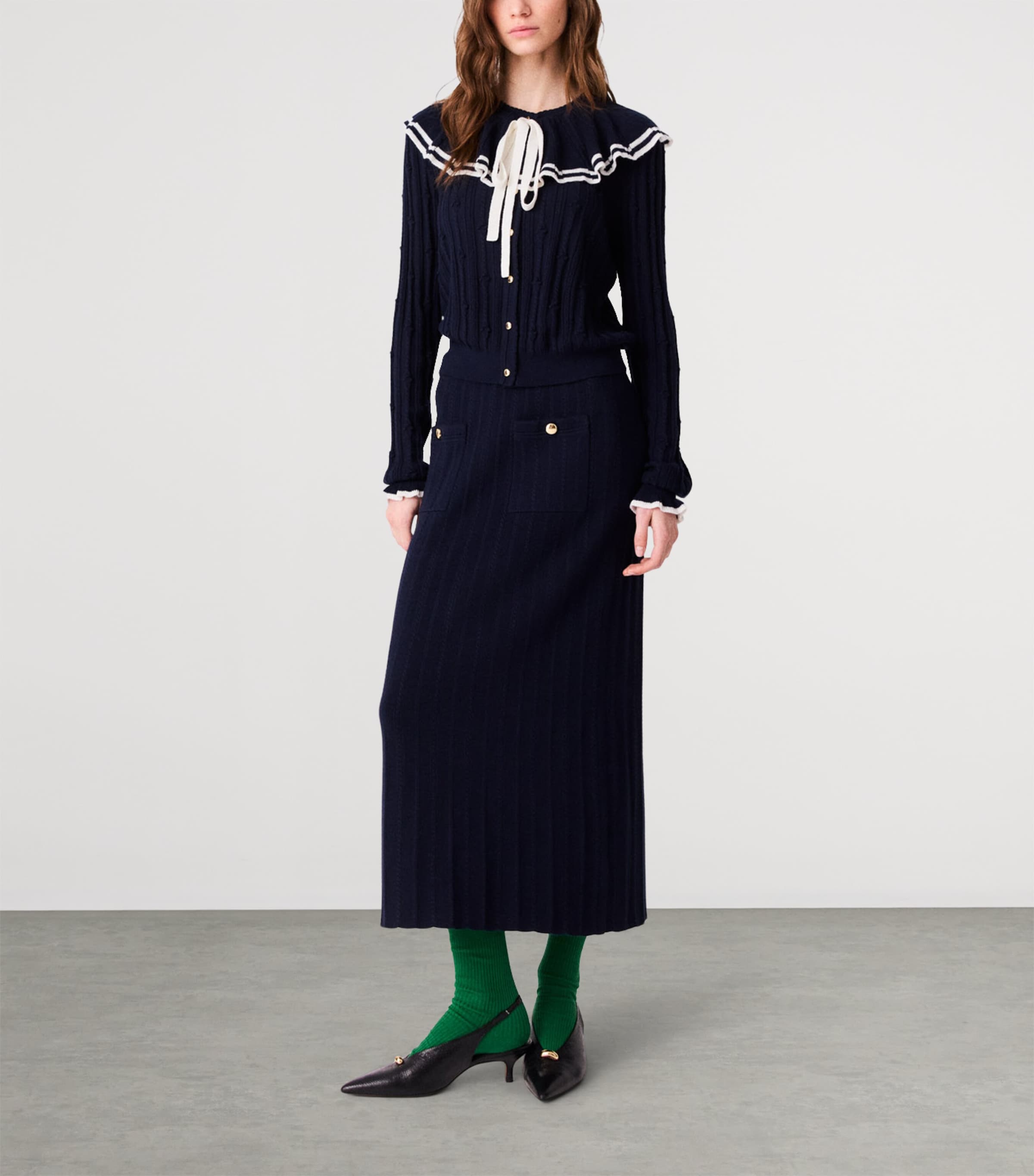 Maje Womens Knitted Ruffle-Collar Cardigan Navy Image 5