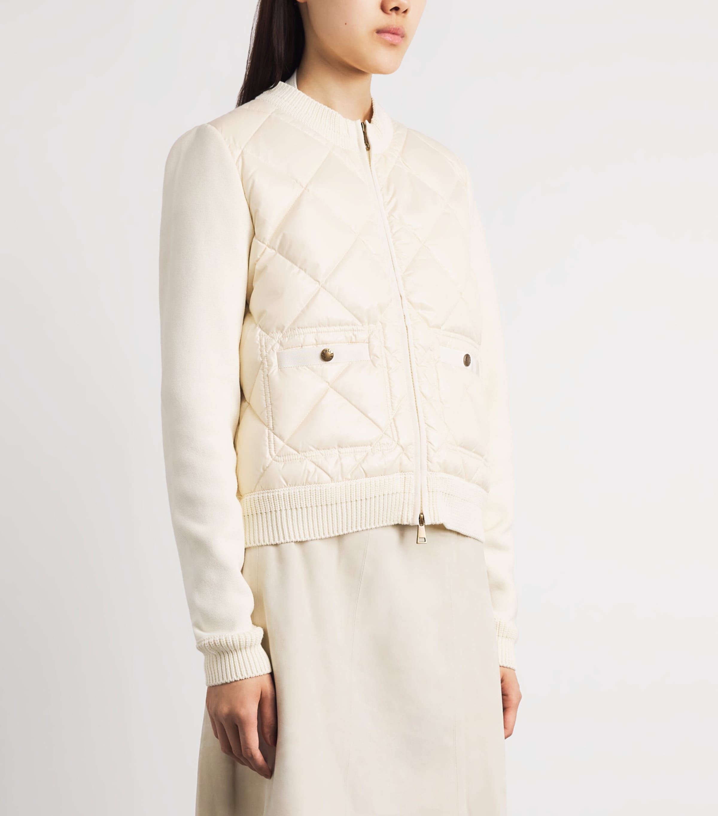 Moncler Womens Miscellaneous Hybrid Logo-badge Nylon And Cotton-knit Cardigan Xl In Neutral