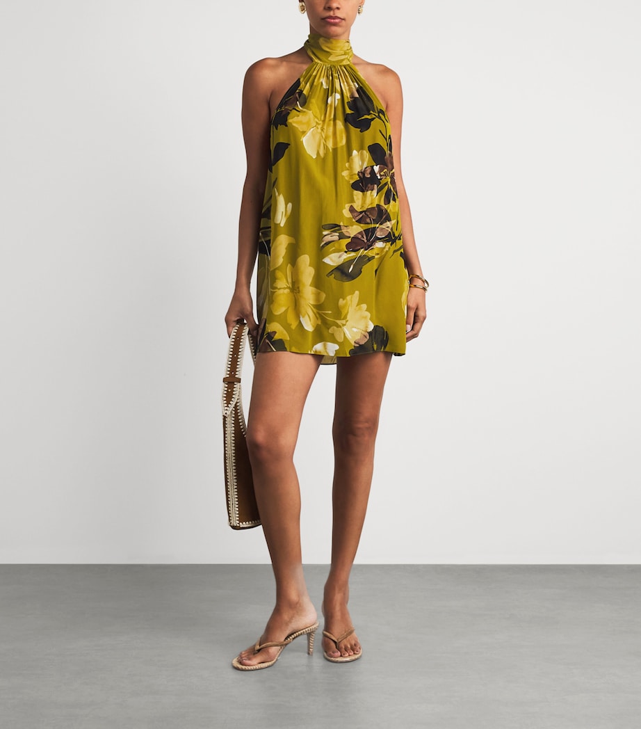 AWAY THAT DAY Womens Halterneck Ibiza Mini Dress Chartruse Flrl Prnt Image 2
