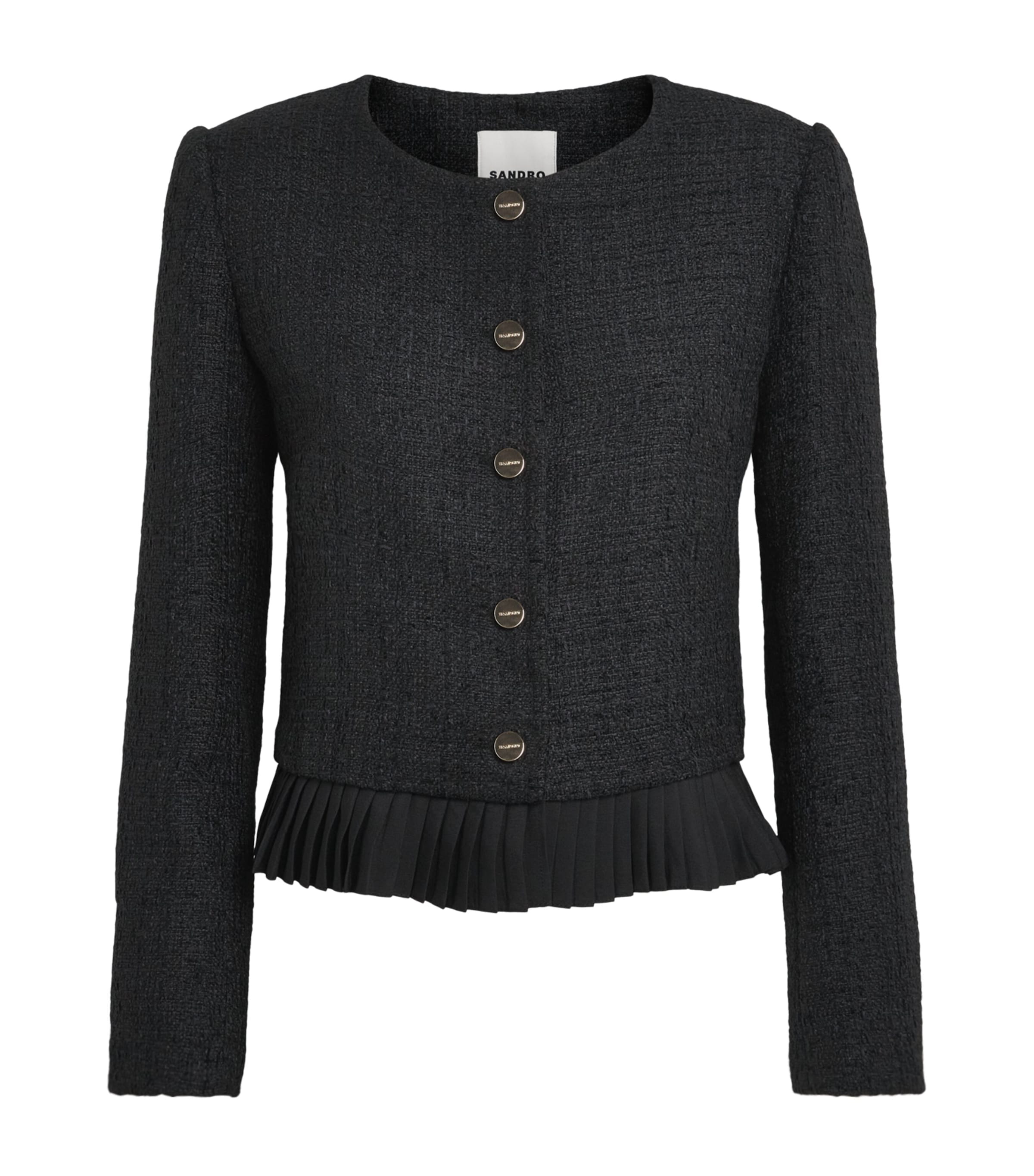 Sandro Paris Womens Tweed Ruffle-Trim Jacket Black Image 1