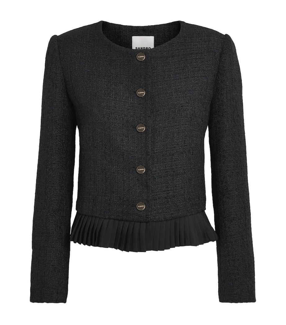 Sandro Paris Womens Tweed Ruffle-Trim Jacket Black Image 1