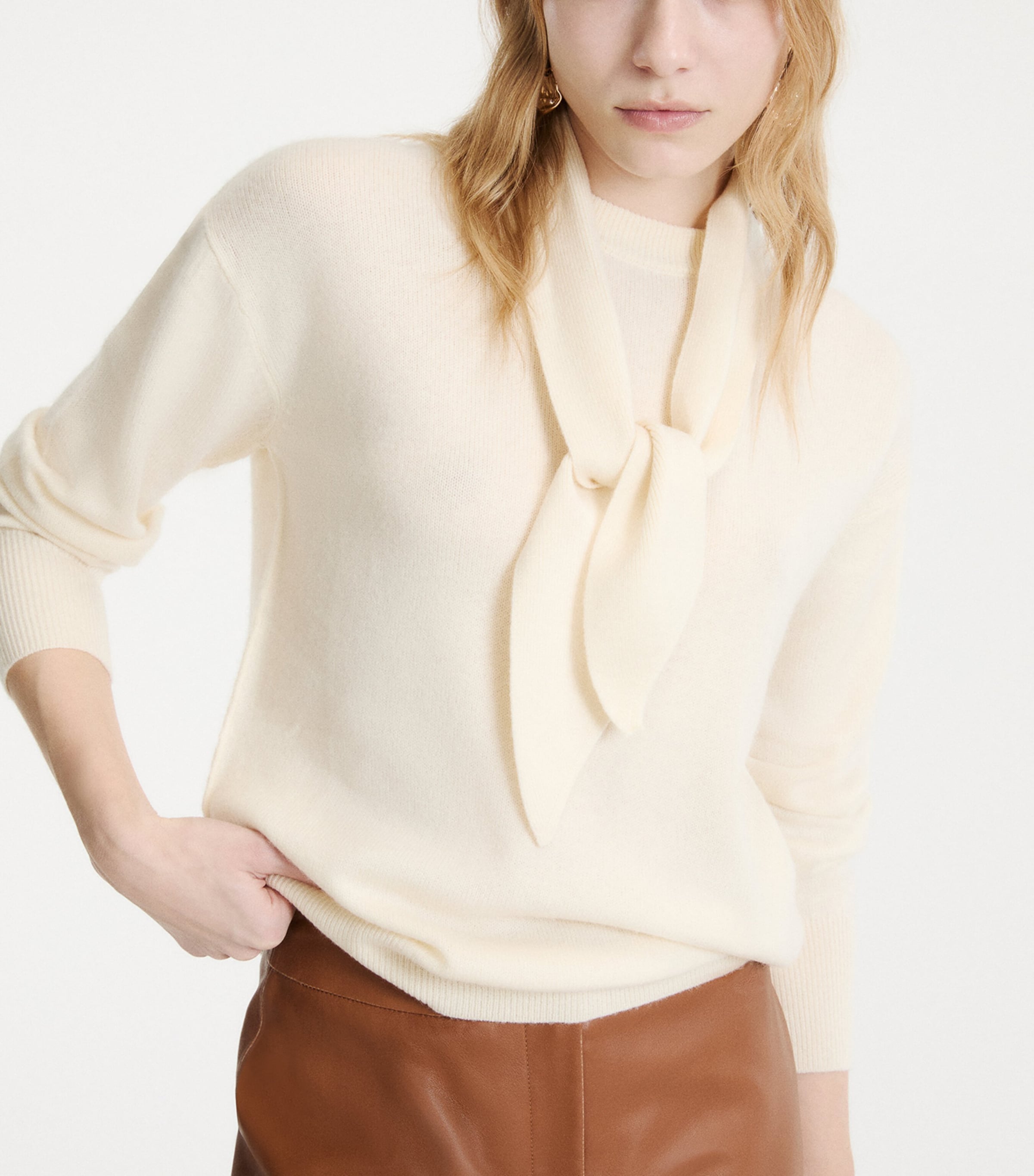 Marella Womens Wool-Cashmere Scarf-Detail Sweater Cream Image 4