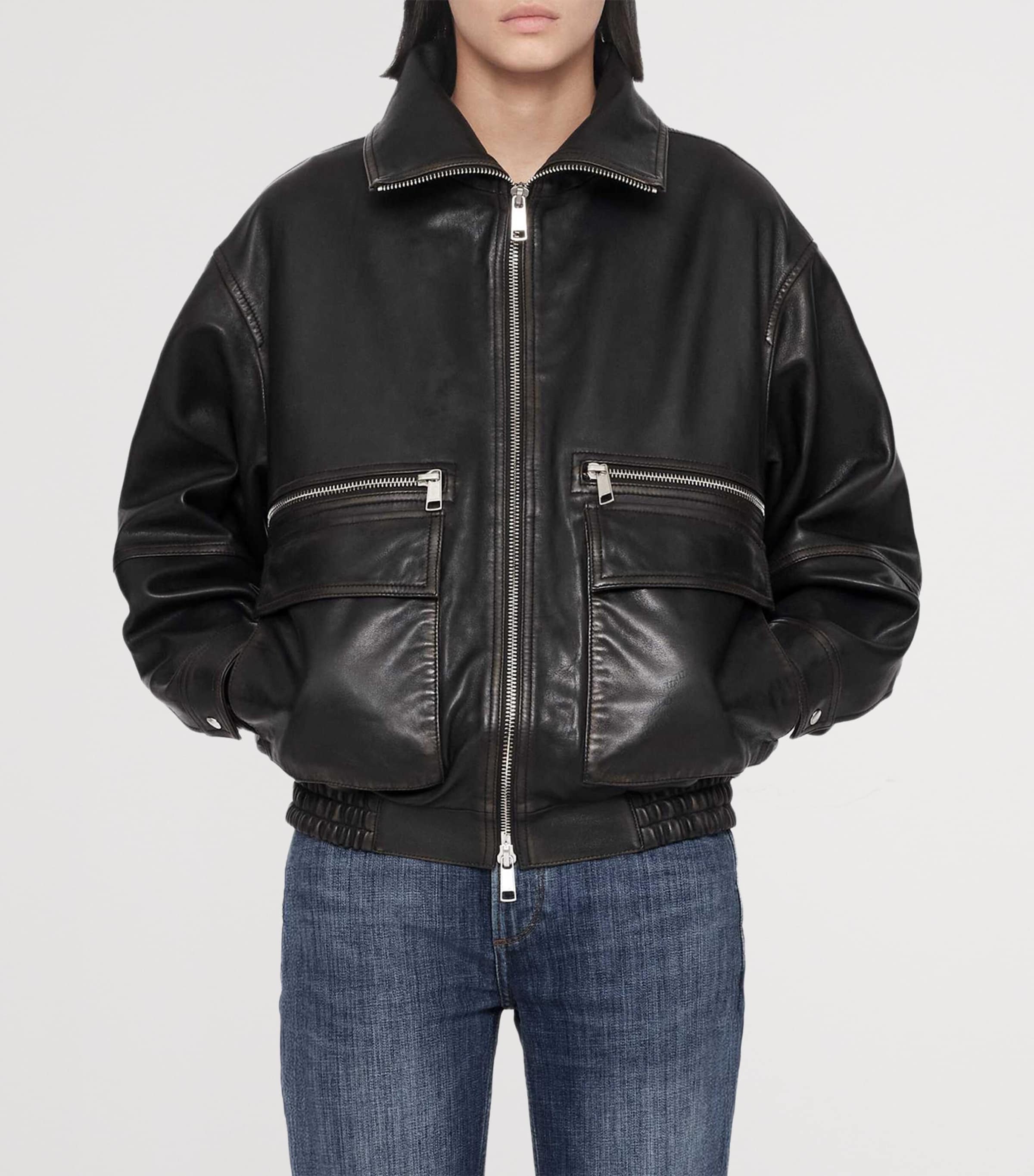 AllSaints Womens Leather Elisa Bomber Jacket Black Walnut Brown Image 3