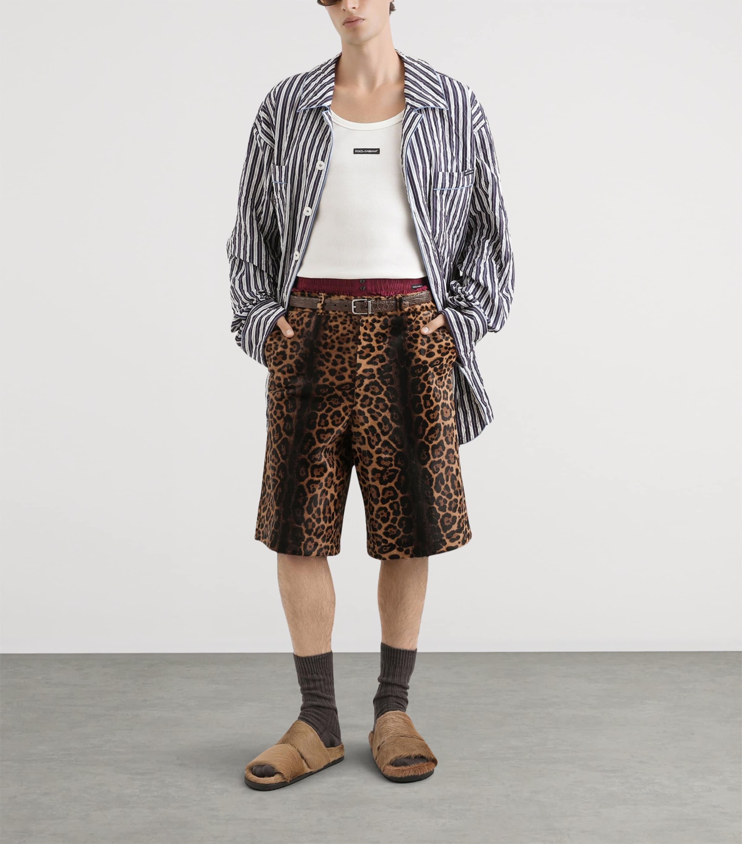 Dolce&Gabbana Mens Leather Leopard Print Oversized Shorts Combined Colou Image 2