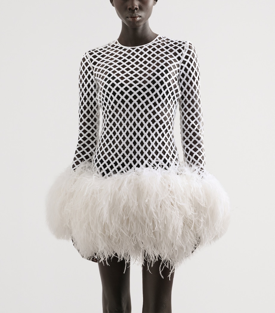 Sequinned Mesh Feather-Trim Mini Dress W0800-OPTICAL WHITE Image 2