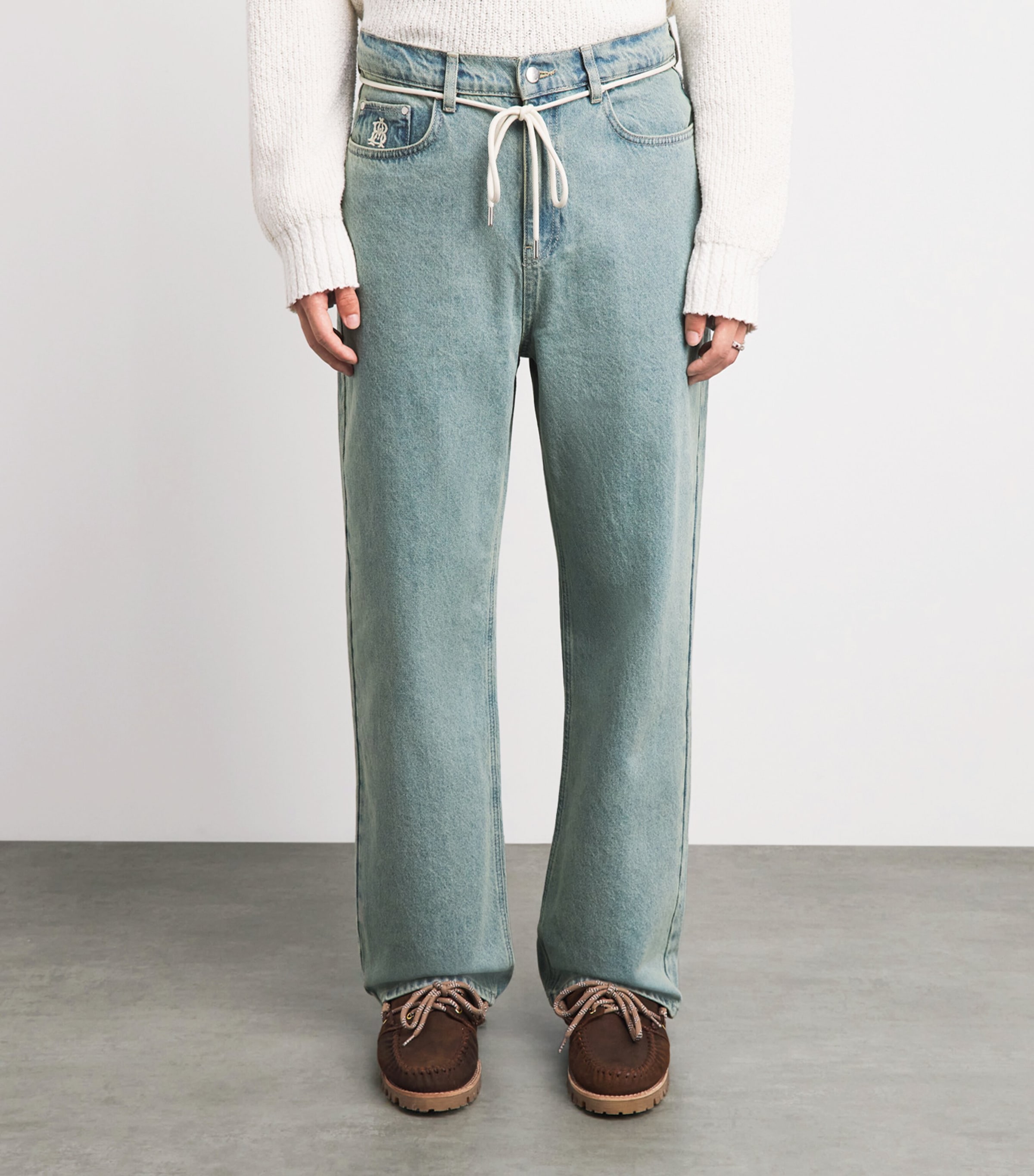 about:blank Mens Shoelace Belt Wide-Leg Jeans Murky Wash Image 4
