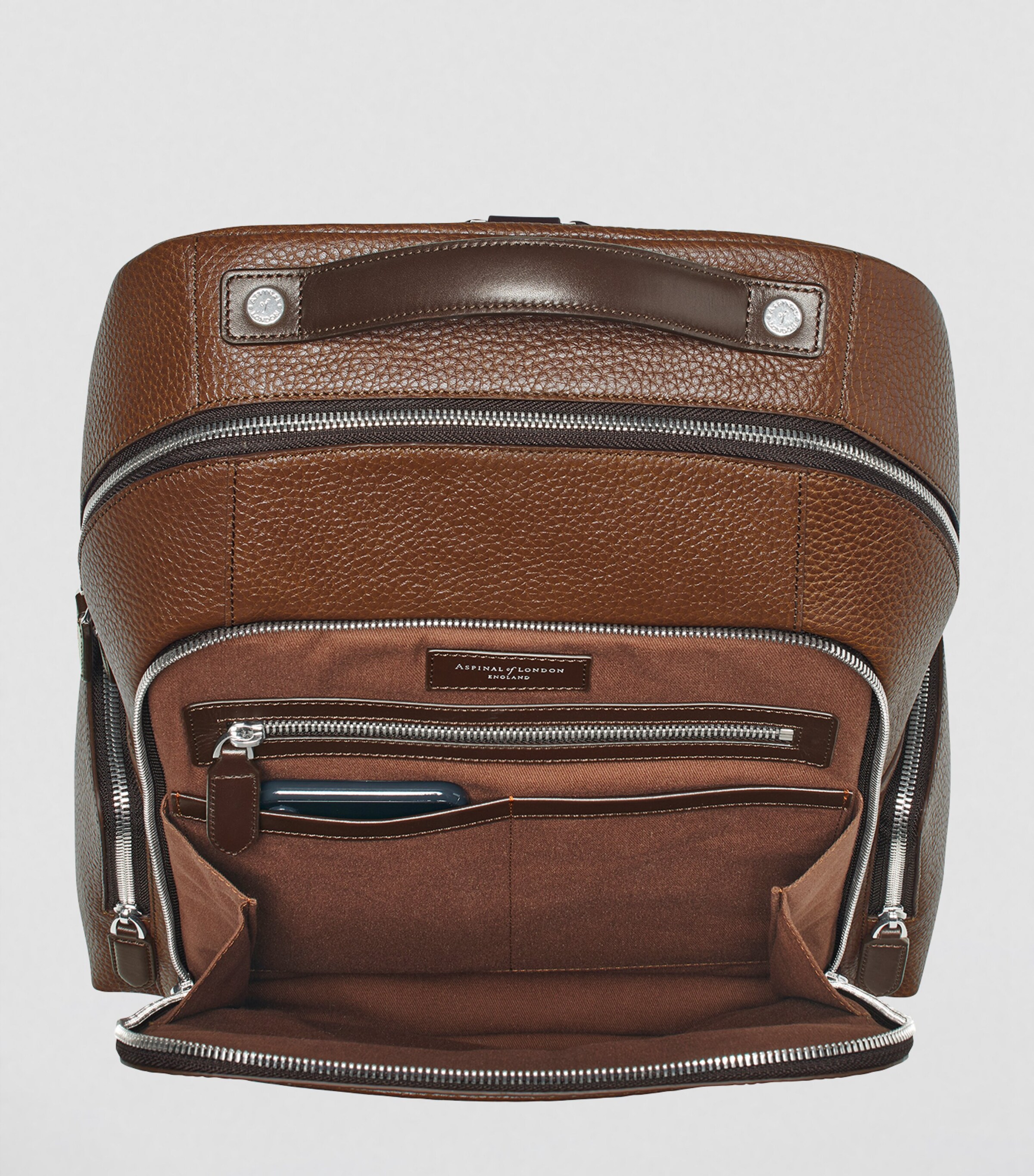 Aspinal Of London Brown Pebble Leather Reporter Zipped Backpack