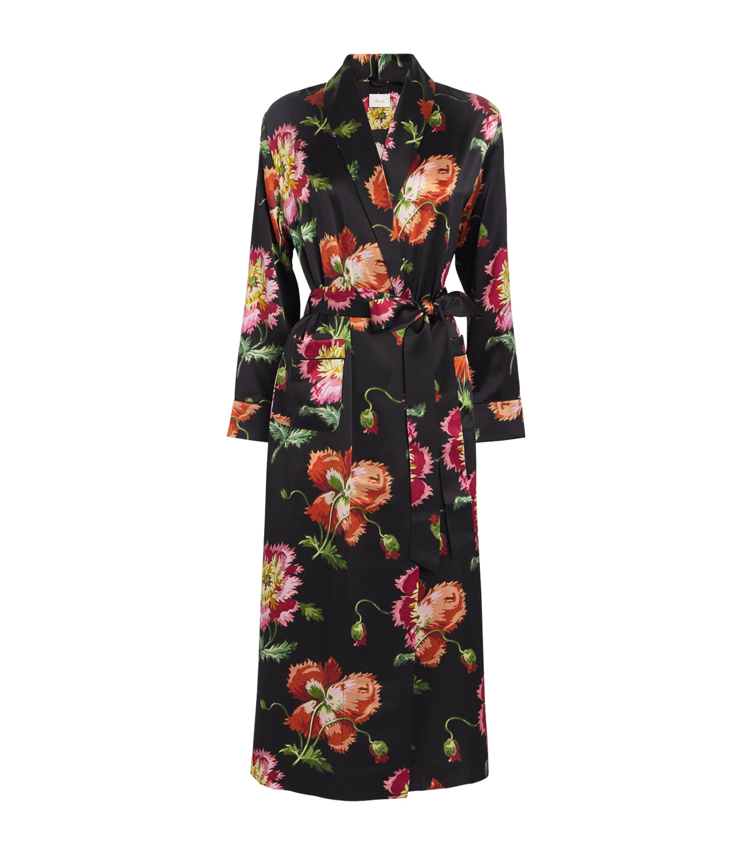 Harrods Silk Floral Print Robe In Black