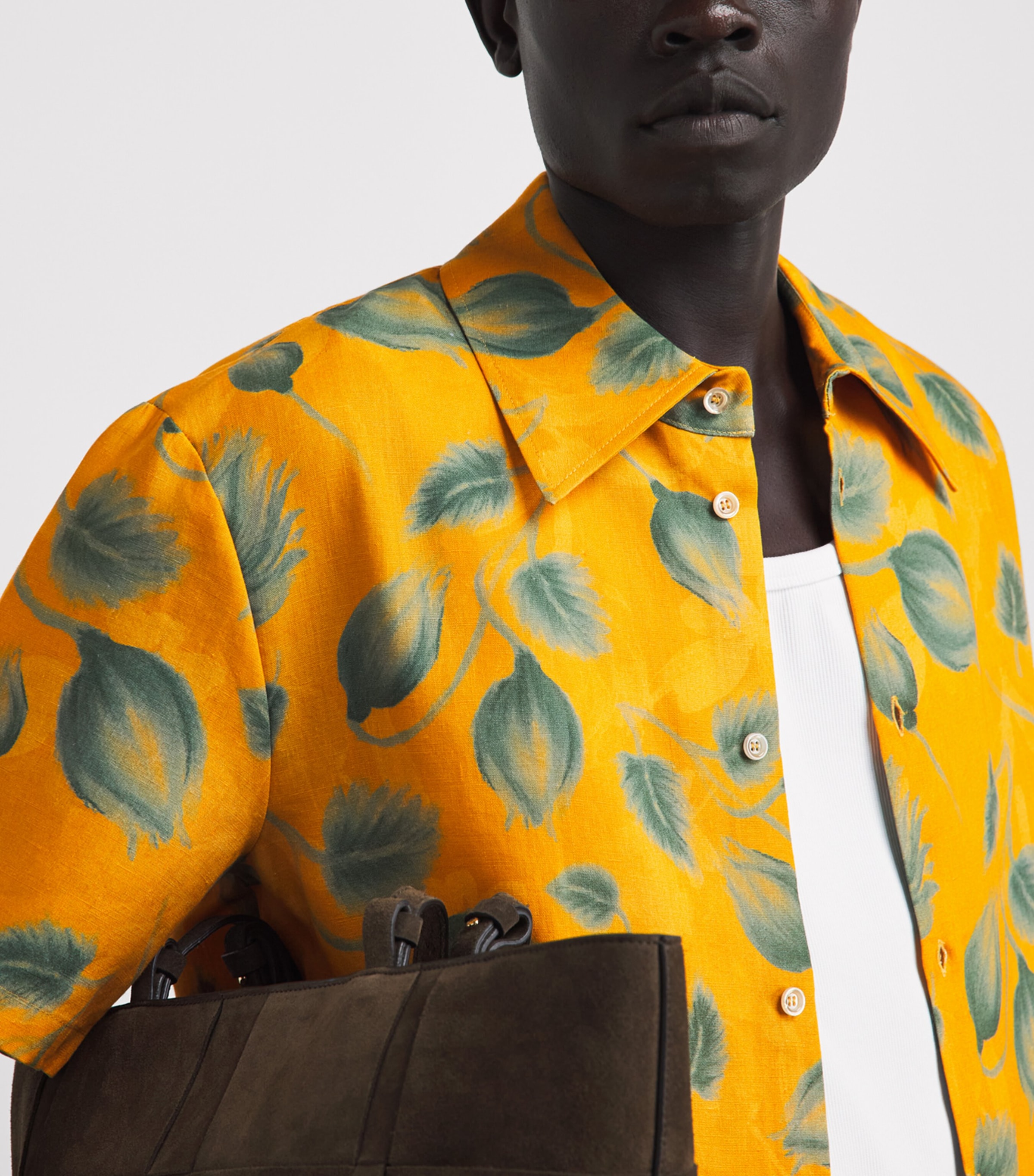 Séfr Mens Linen Leaf Print Dayot Shirt Summer Gogh Orange Image 3