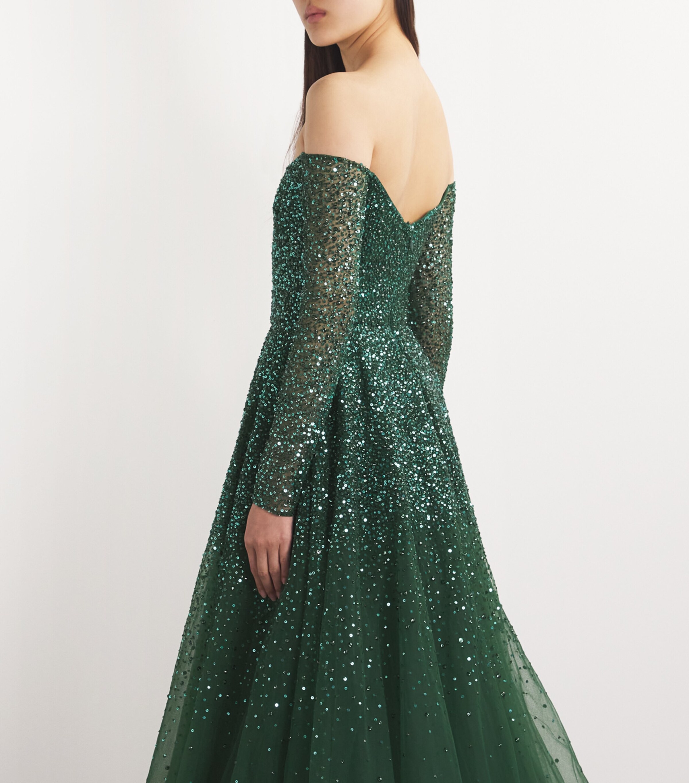Monique Lhuillier Womens Embroidered Off-The-Shoulder Gown Juniper Image 4