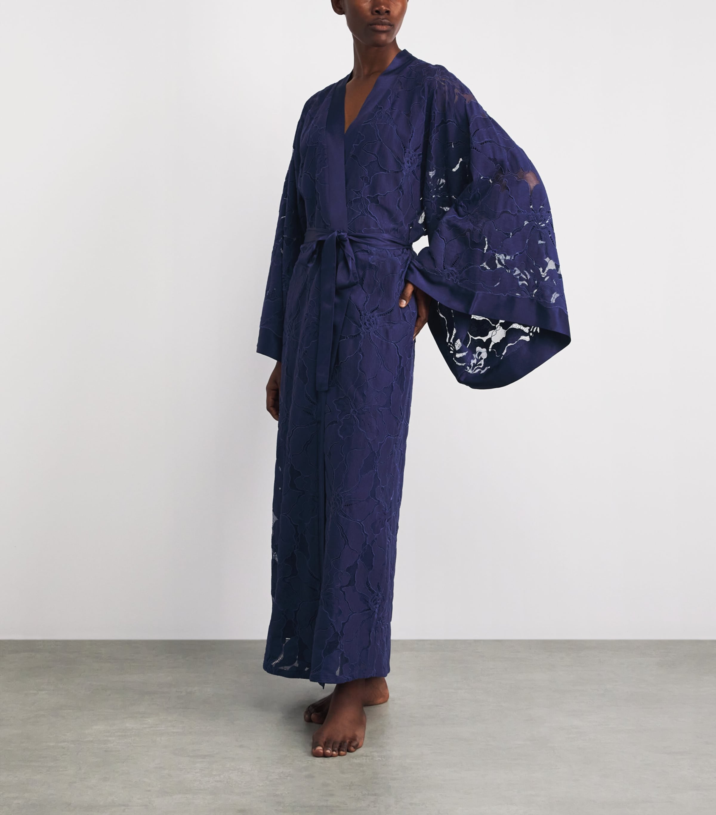 Bocan Womens Satin Lace-Trim Clematis Robe Navy Blue Image 2