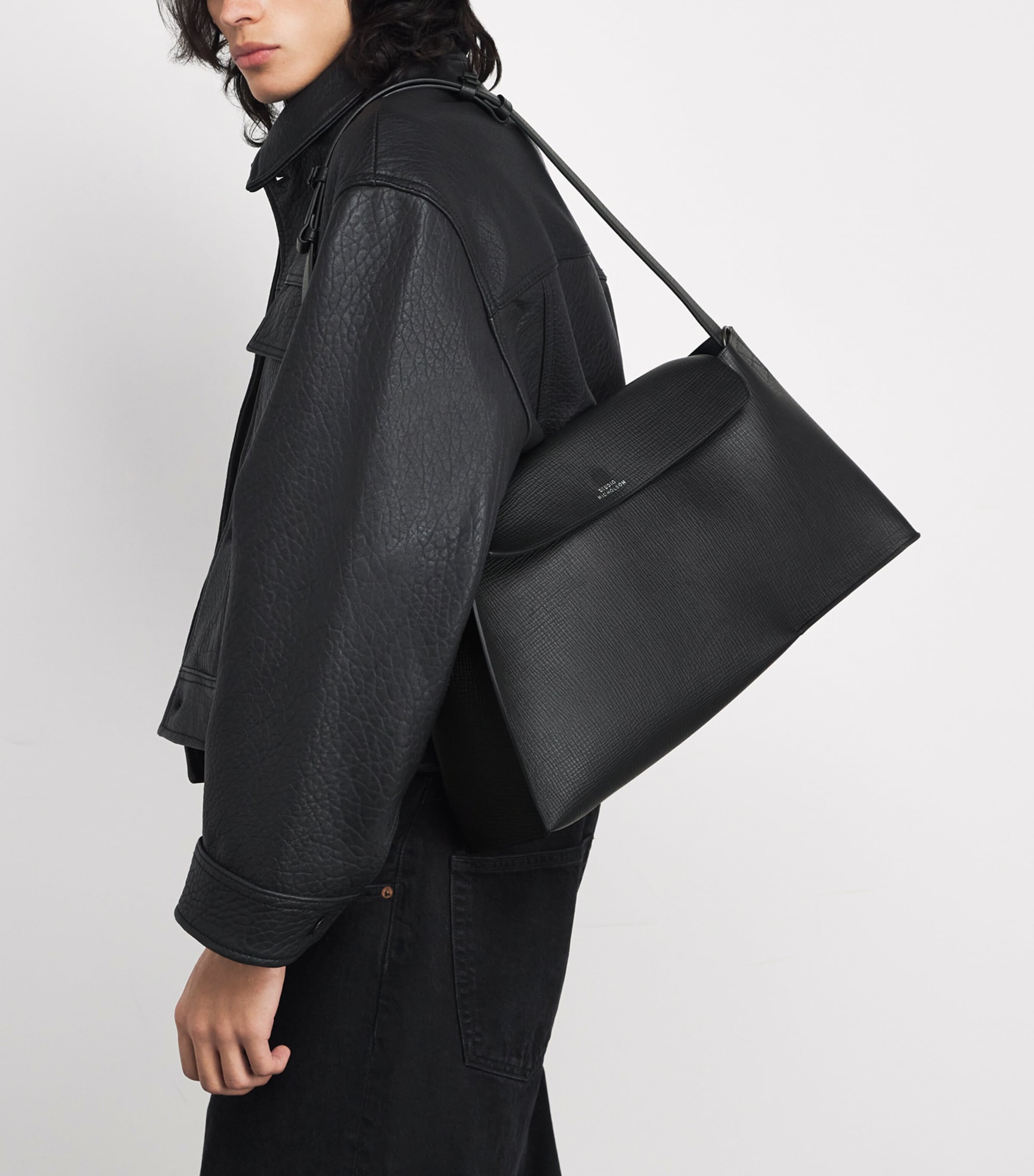 Studio Nicholson Black Shiboru Leather Shoulder Bag | Harrods US