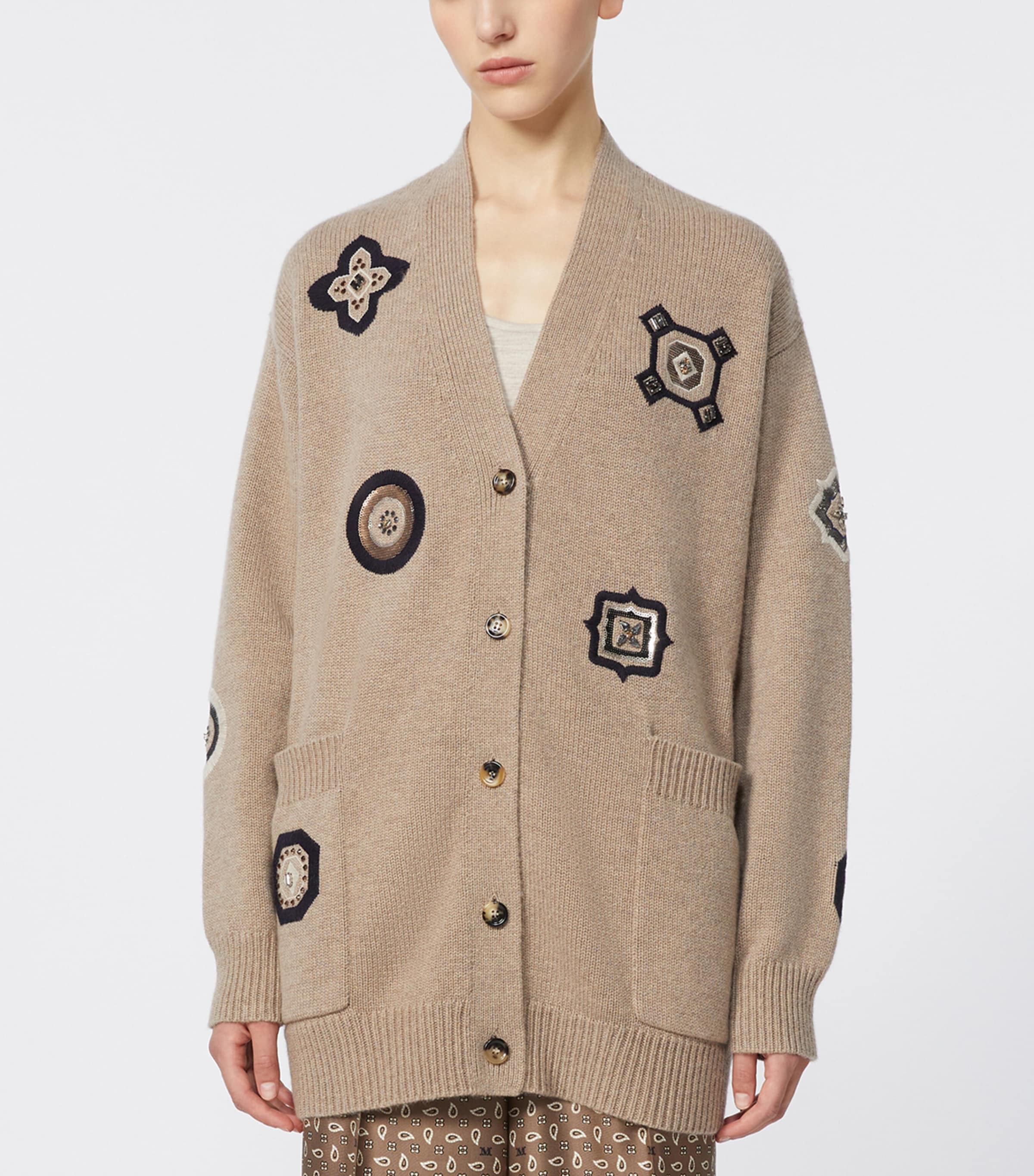 Wool-Cashmere Patch Cardigan SAND Image 3