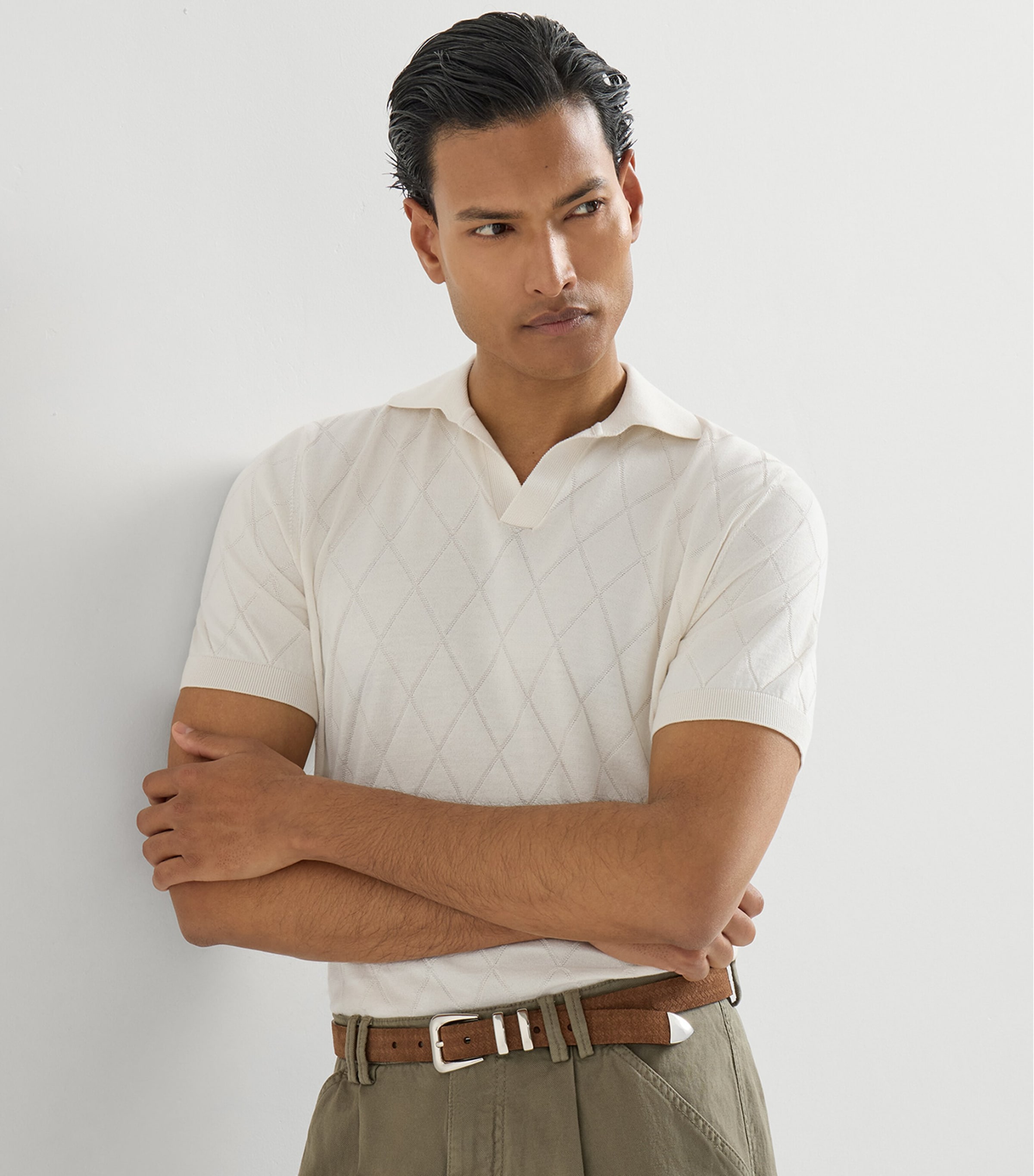 Brunello Cucinelli Mens Cotton Diamond-Knit Johnny Collar Polo Shirt Image 4