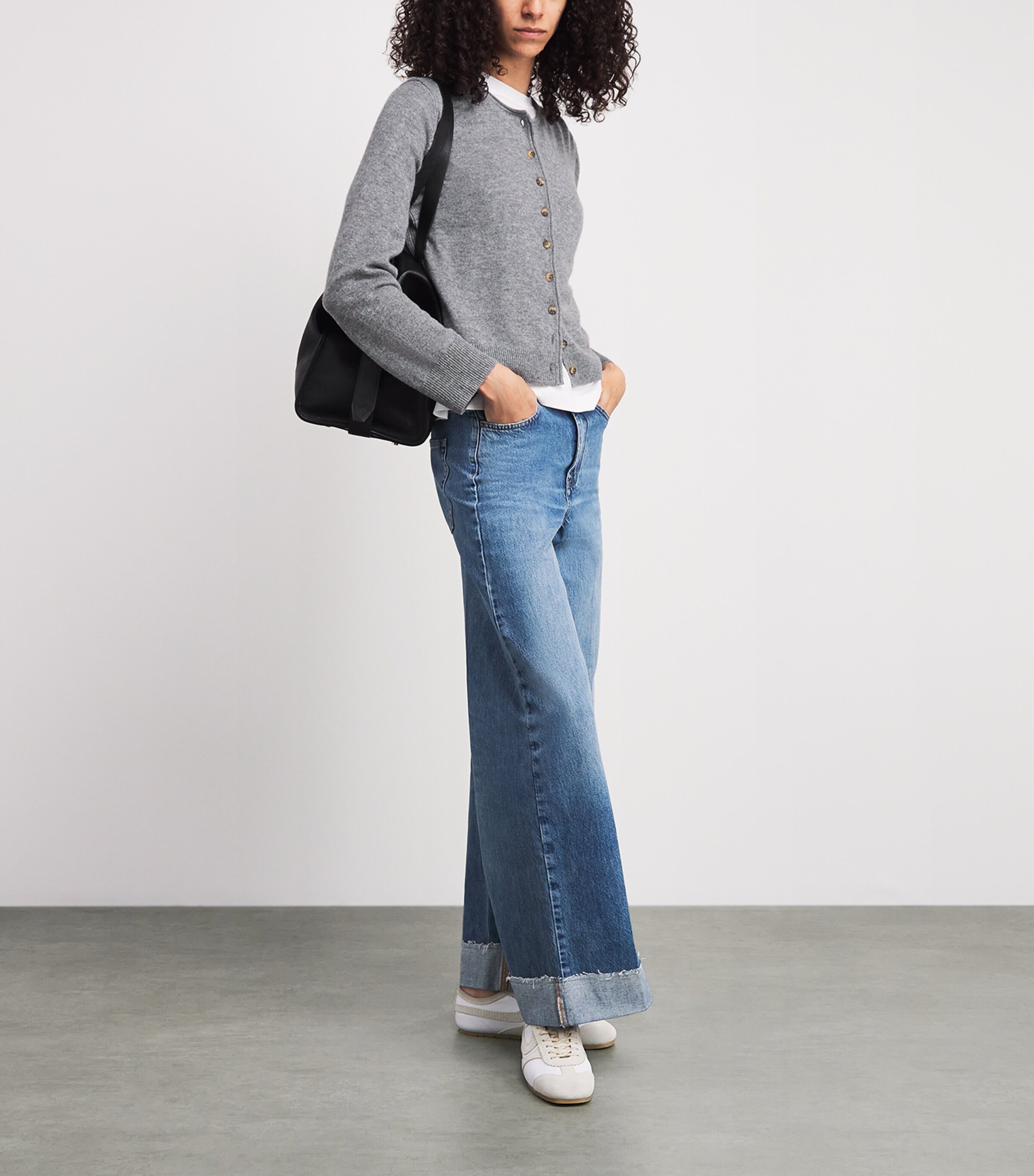 ME+EM Womens Cashmere Roll-Trim Cardigan Grey Marl Image 2